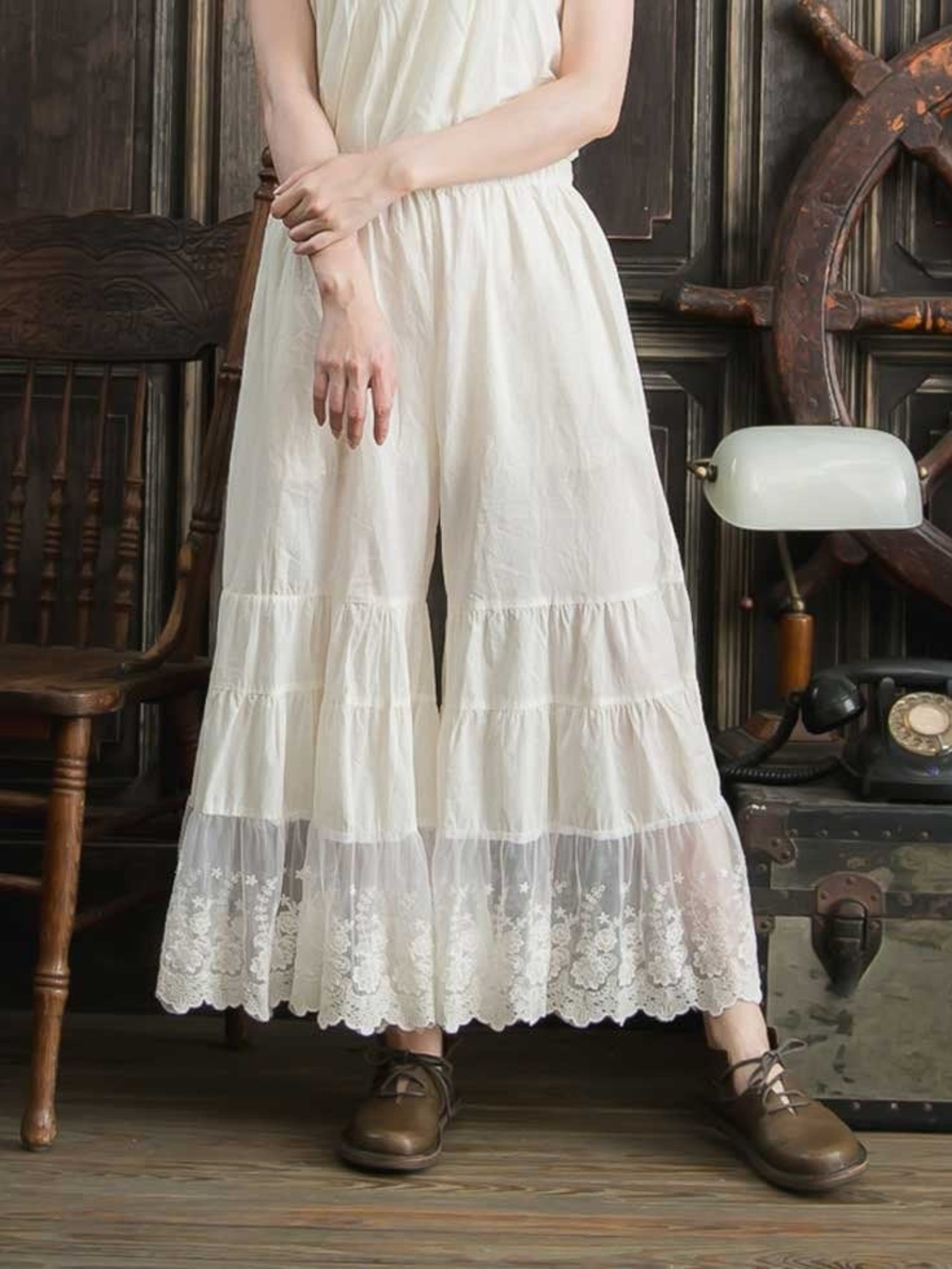 Women’s Bloomers Cotton Long Bloomers Plus Size Pantaloons Pettipants Victorian Underwear Lace Bloomer Pants Cream