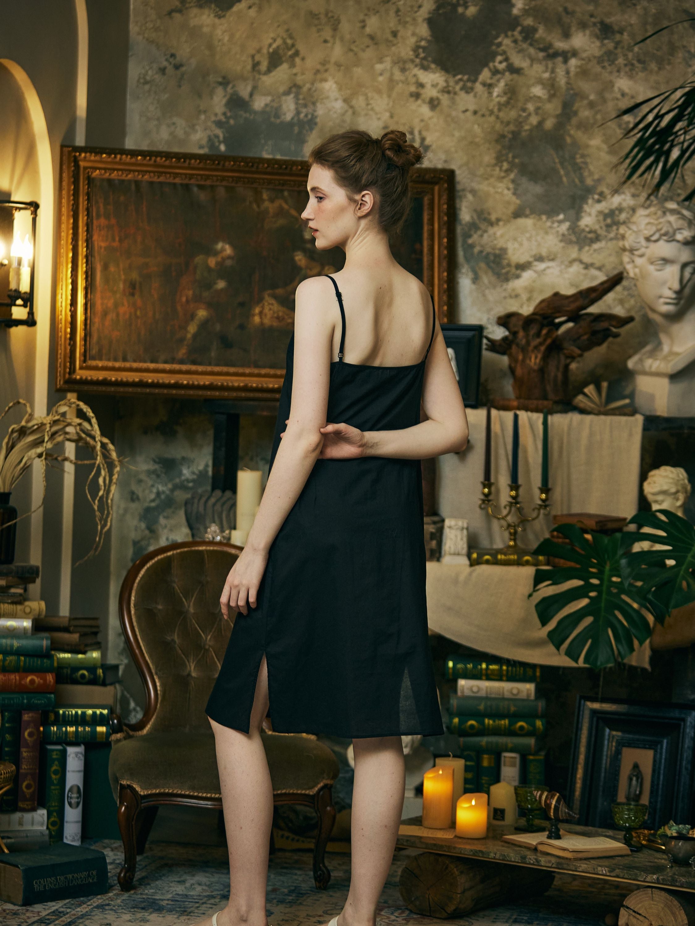 Black Women Cotton Slip Dress V Neck Slit