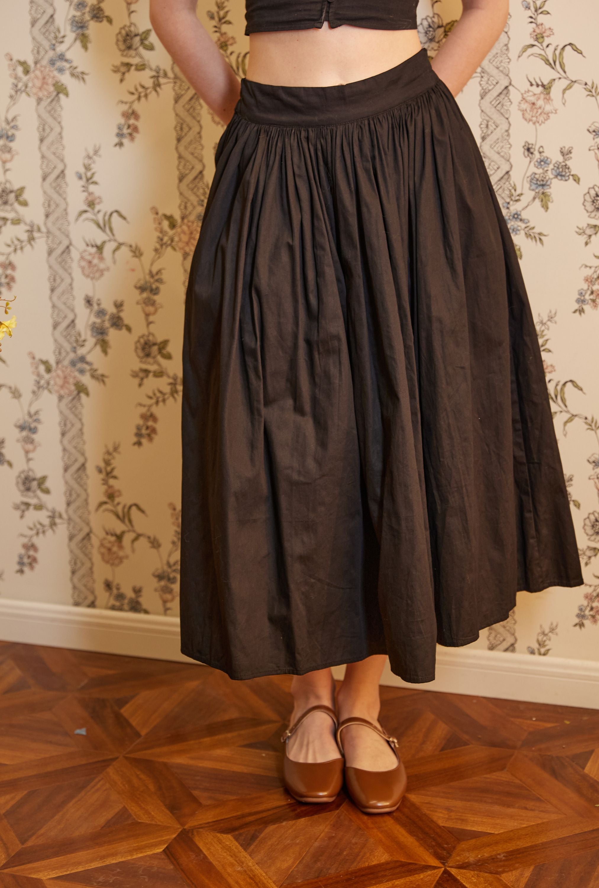 Black Cotton Poplin Maxi Pocket Skirt