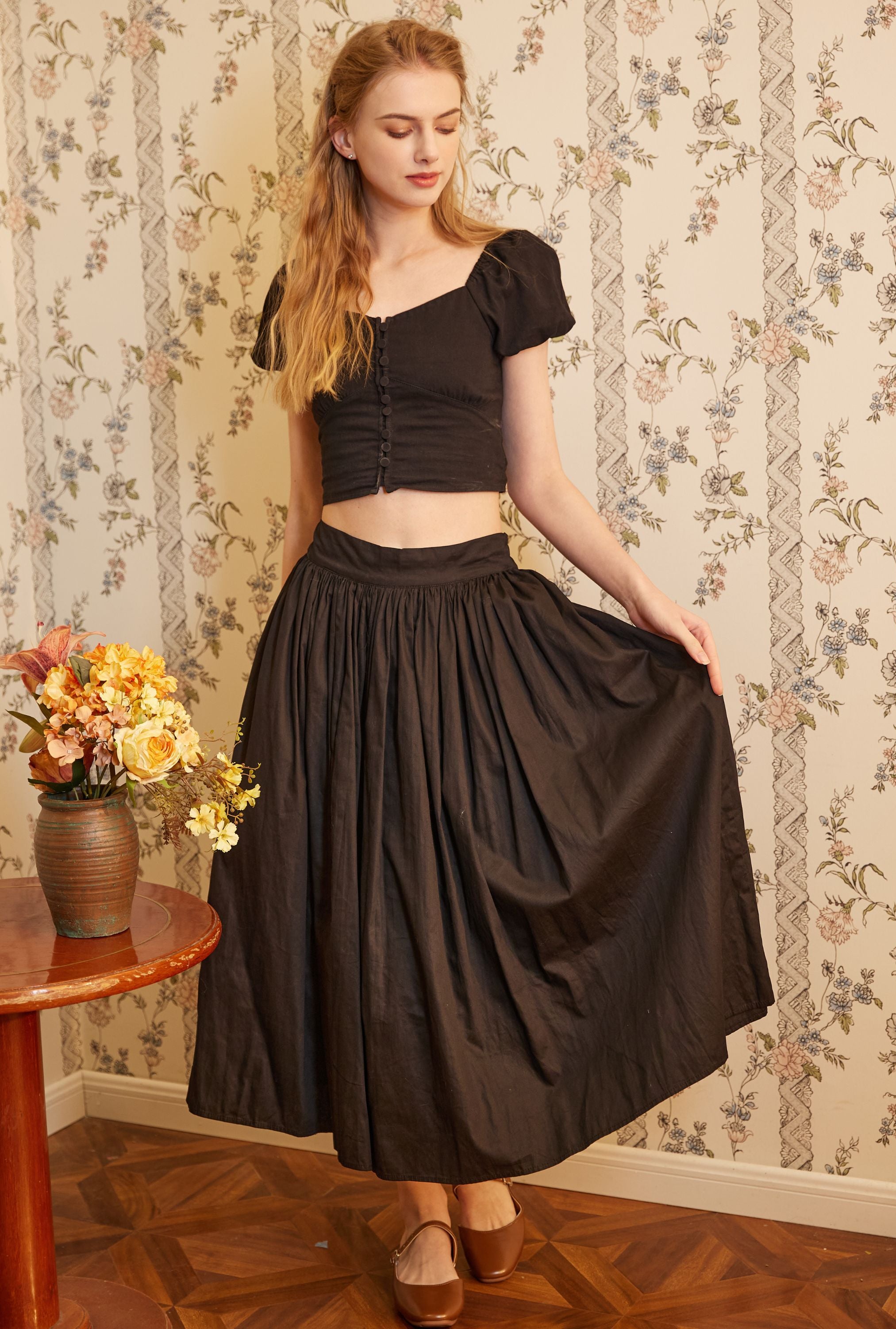 Cotton Poplin Black Maxi Pocket Skirt