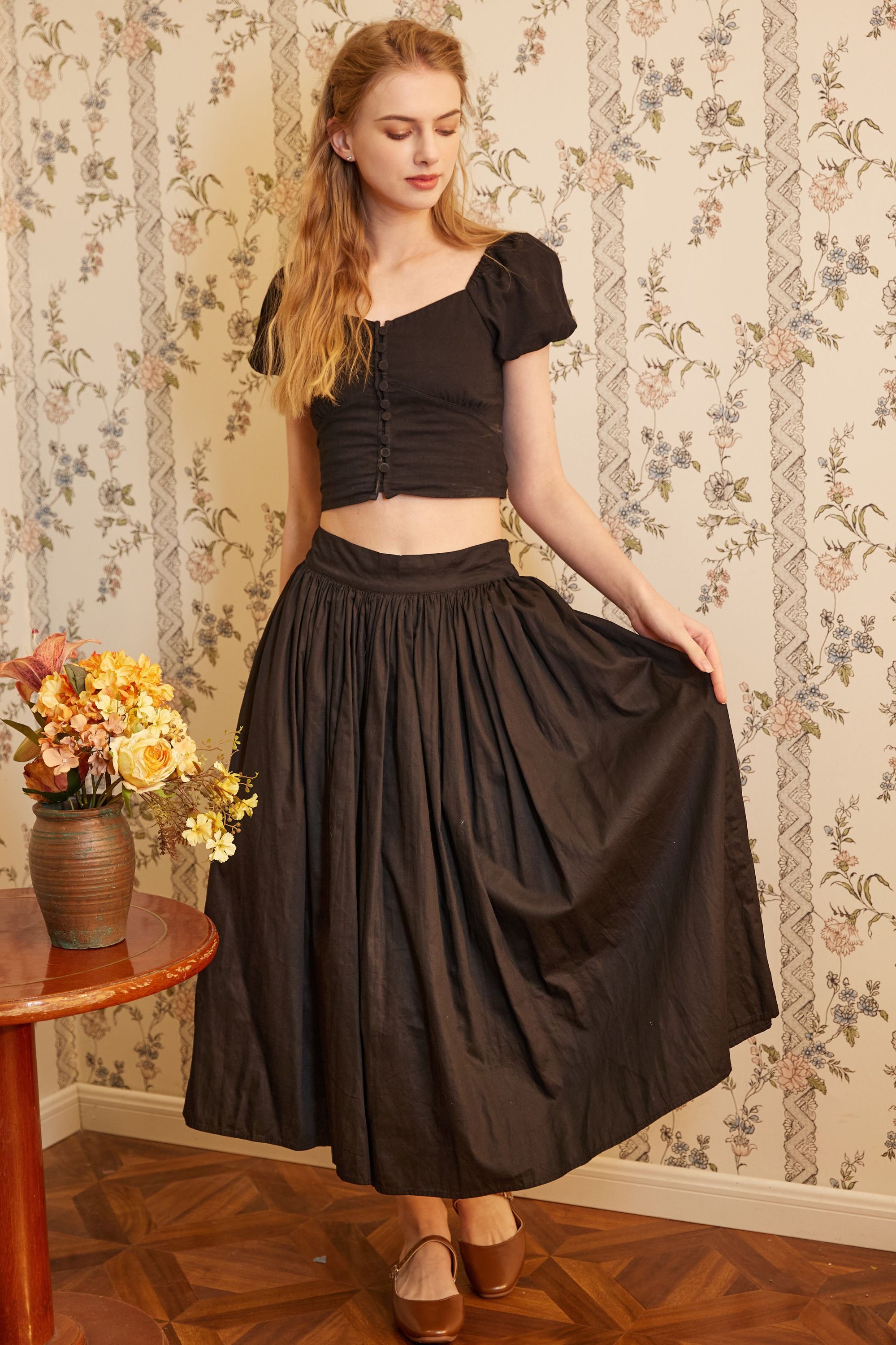 Cotton Poplin Black Maxi Pocket Skirt