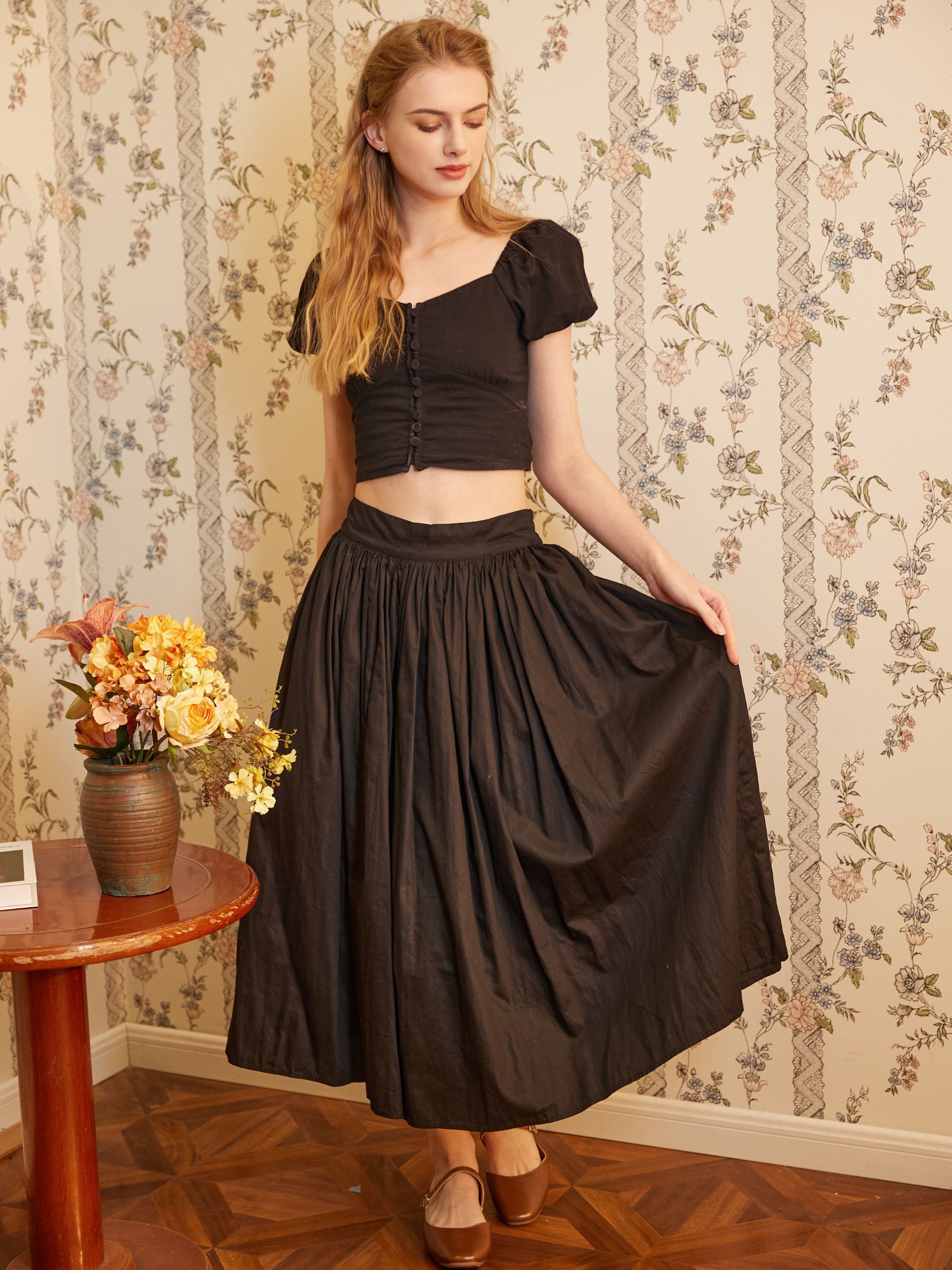 Cotton Poplin Black Maxi Pocket Skirt