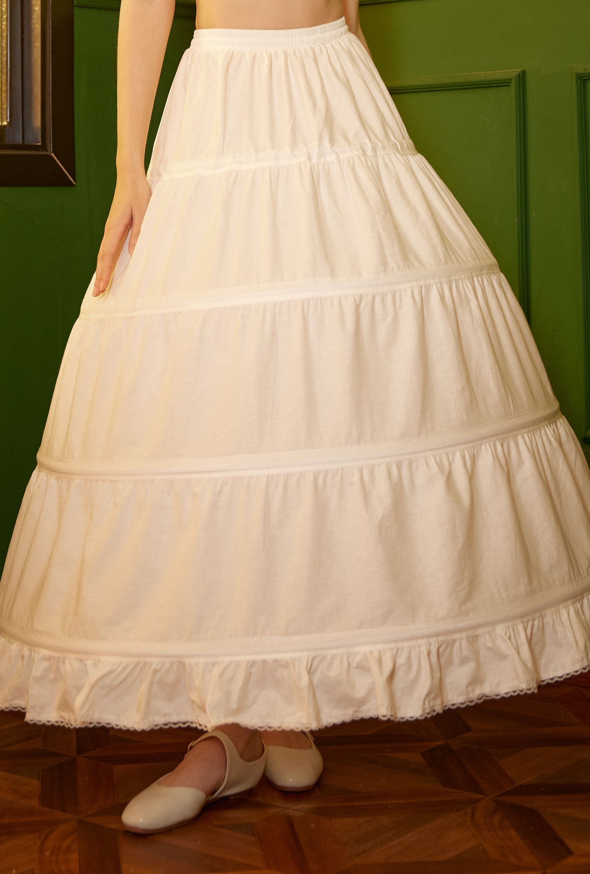 Close-up of the adjustable waistband on an ivory 4-hoop cotton petticoat crinoline