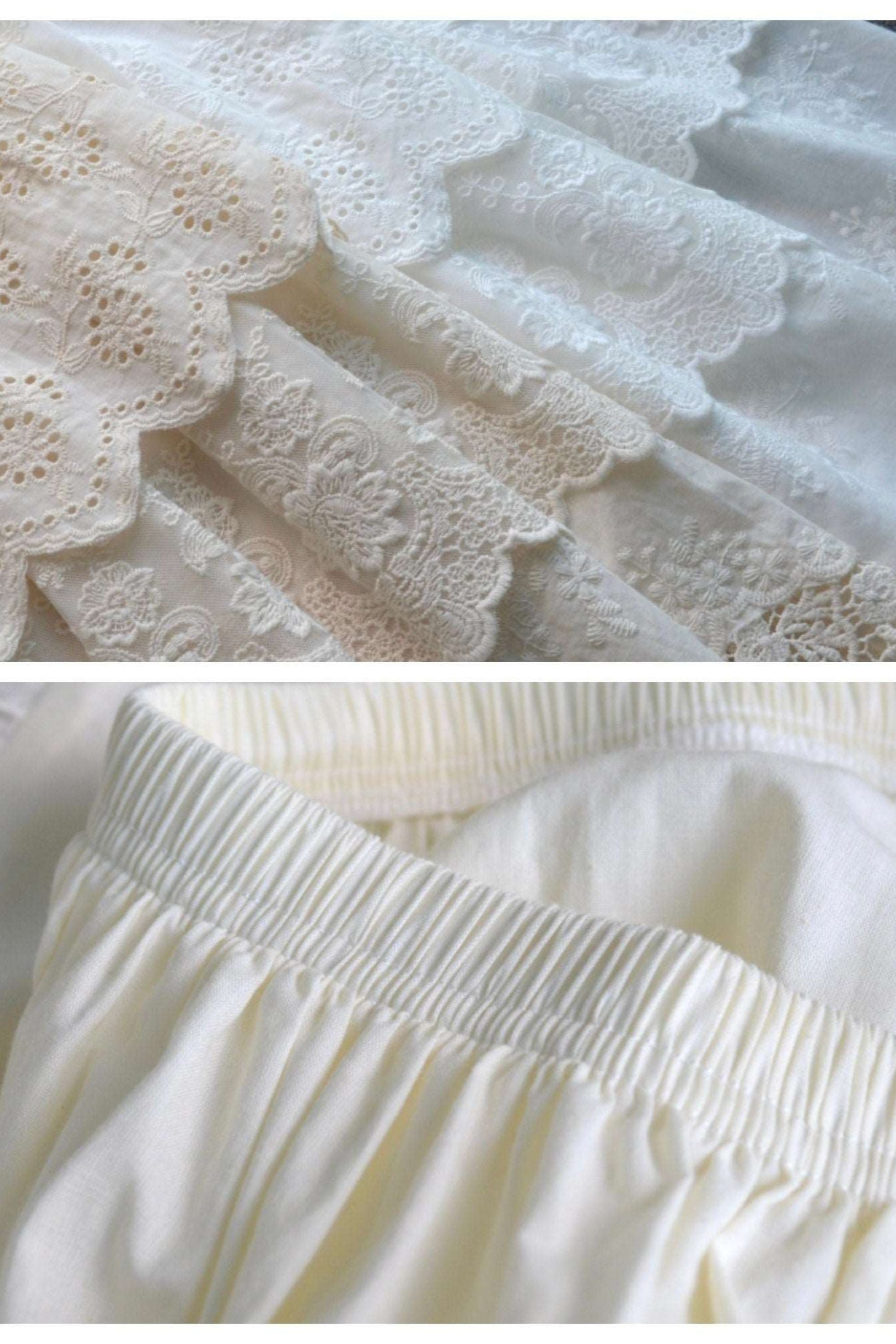 Detail shots of a cotton half slip underskirt showing the delicate 3-tier eyelet lace embroidery and the comfortable, flexible elastic waistband.