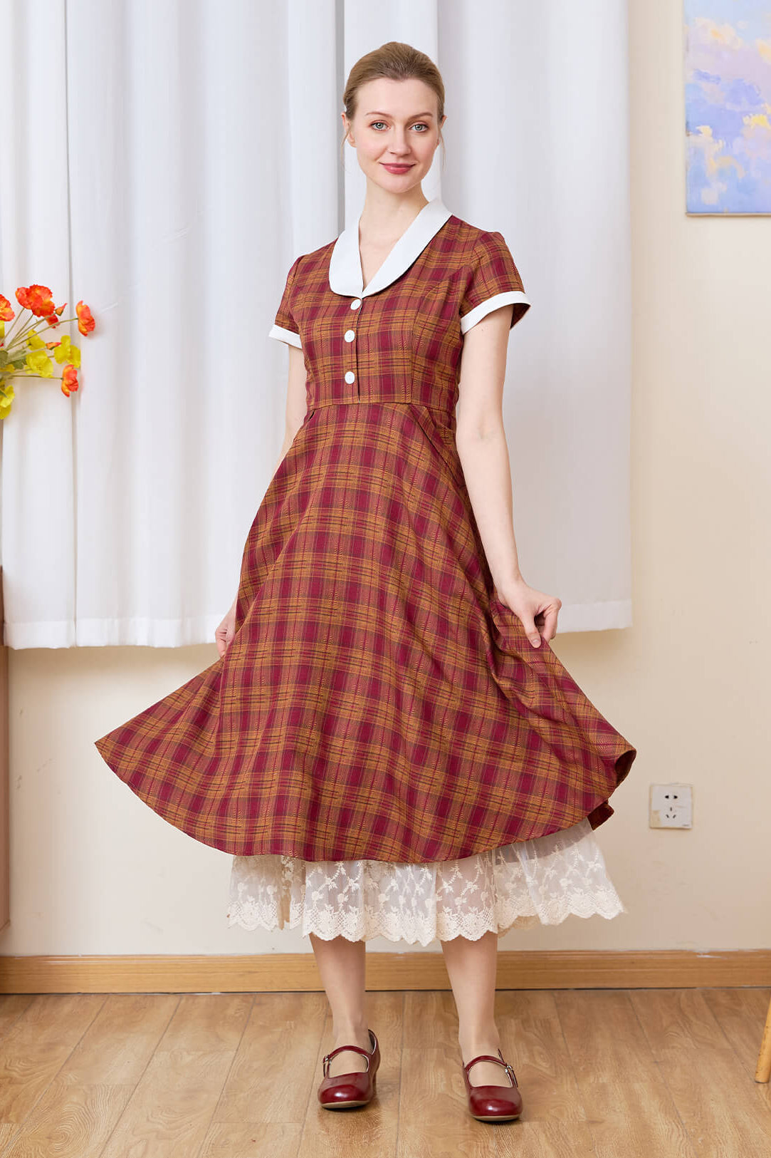 Sueasyretro cream lace skirt extender layered under a plaid midi dress for added length.