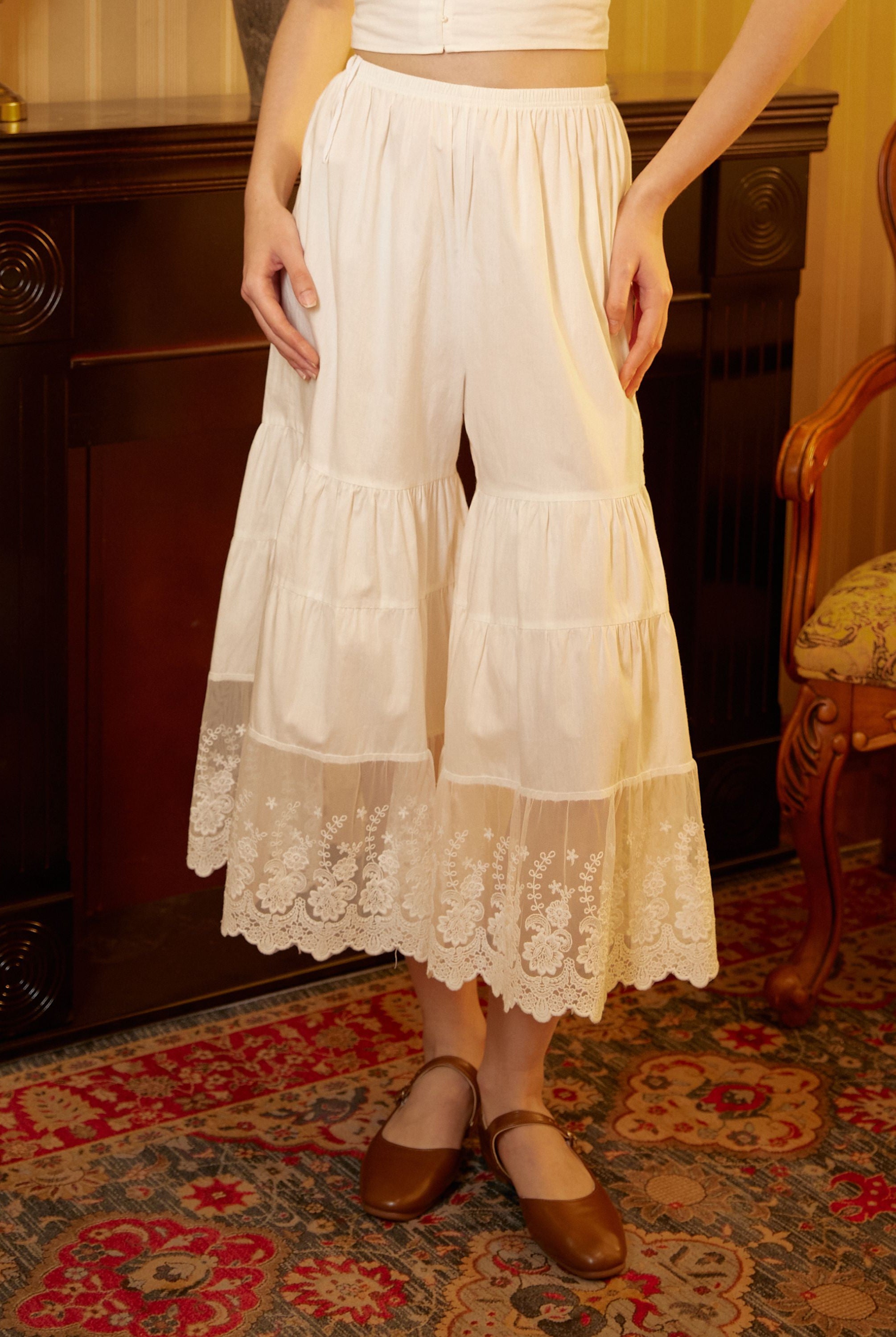 Women’s Bloomers Cotton Long Bloomers Plus Size Pantaloons Pettipants Victorian Underwear Lace Bloomer Pants Ivory