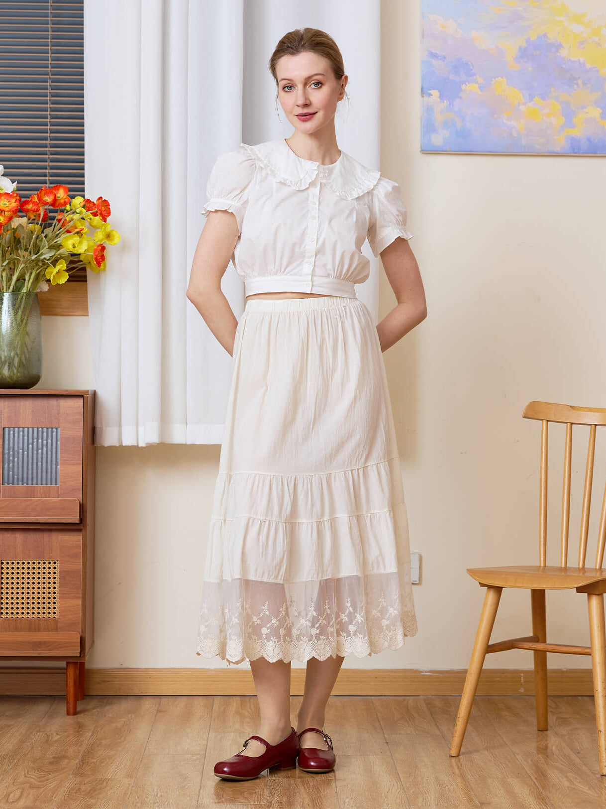 Full front view of Sueasyretro cream A-line skirt extender highlighting the pure cotton fabric.