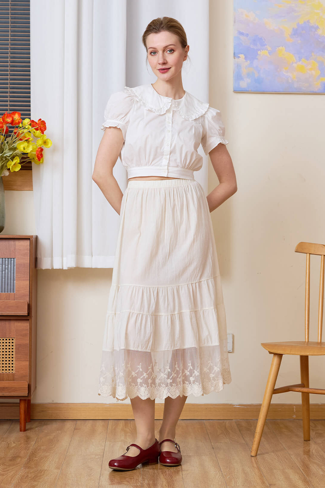 Full front view of Sueasyretro cream A-line skirt extender highlighting the pure cotton fabric.