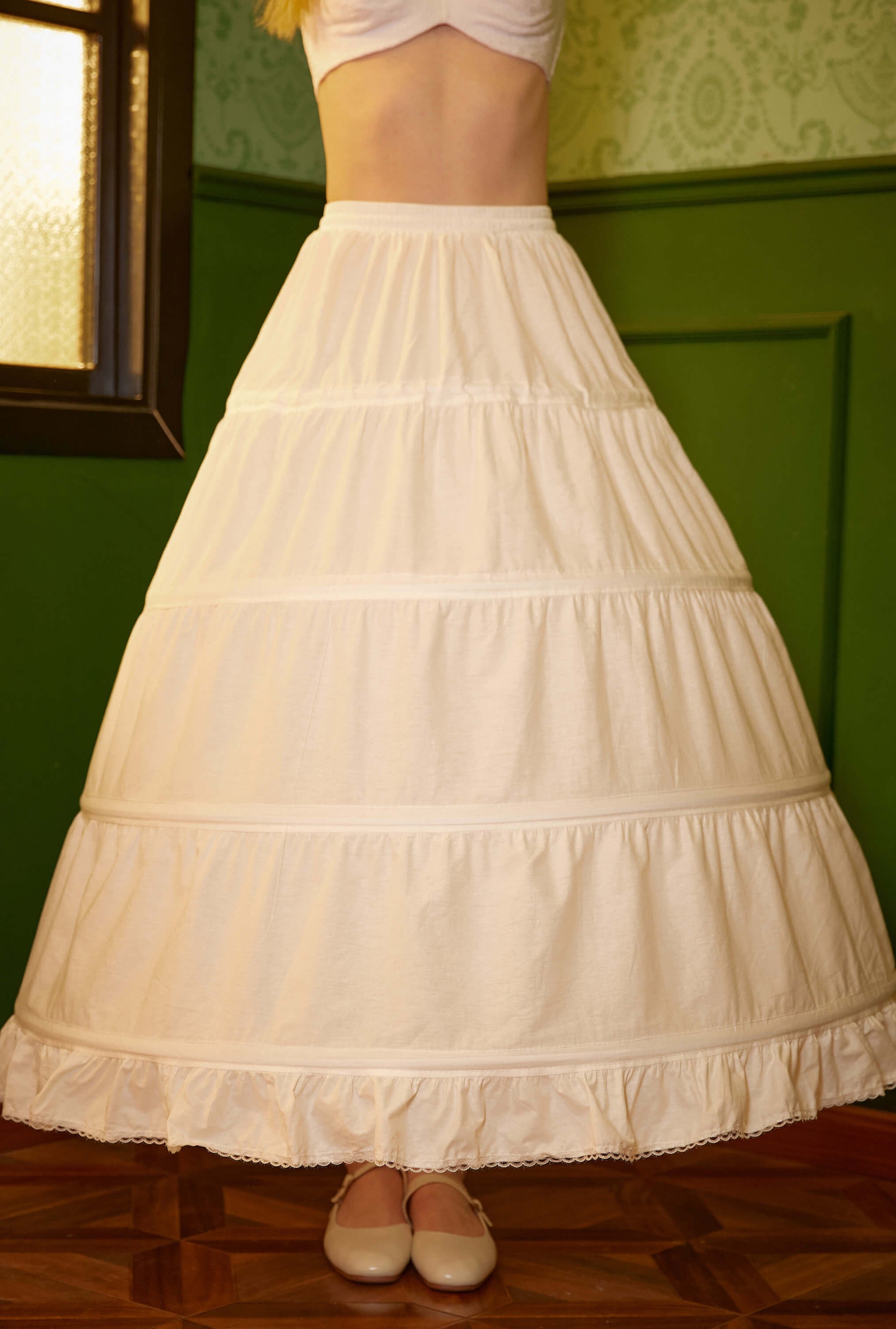 Close-up of an ivory pure cotton Victorian-style hoop petticoat