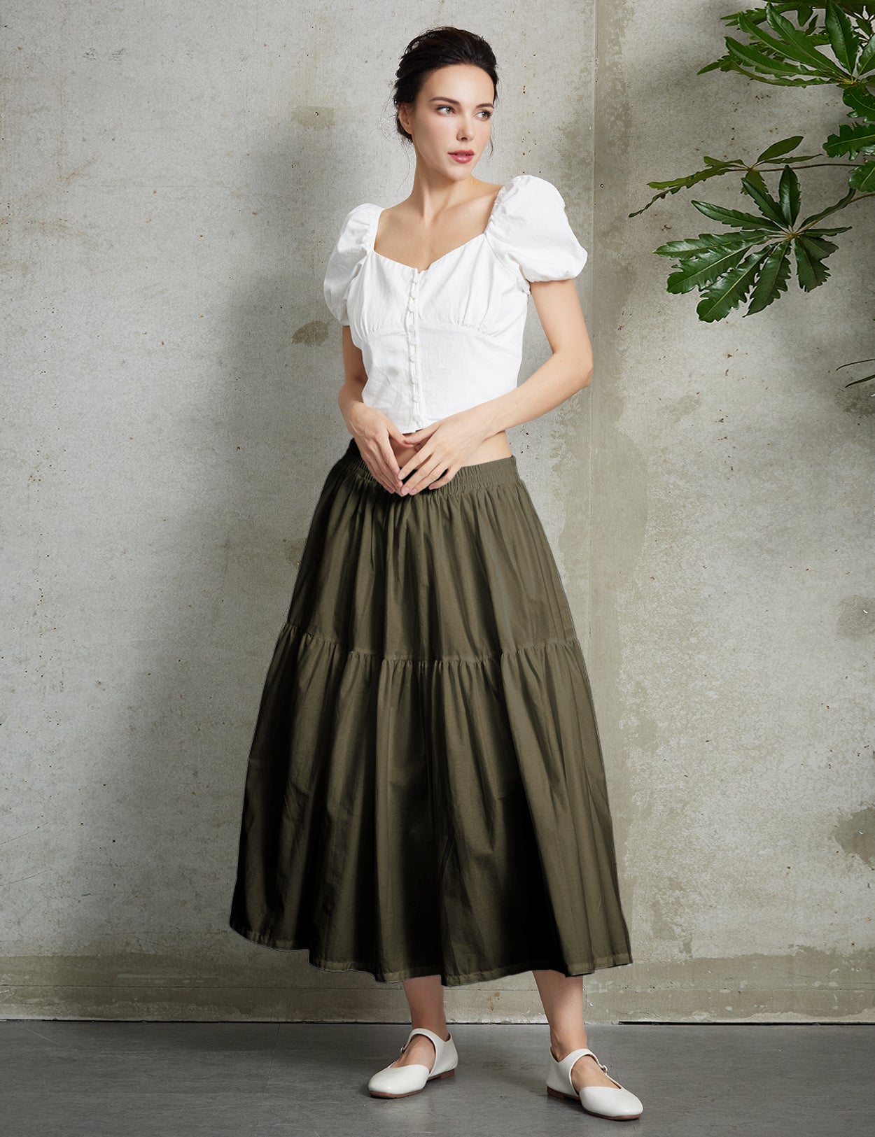 Olive Green Cotton Tiered Pocket Maxi Skirt