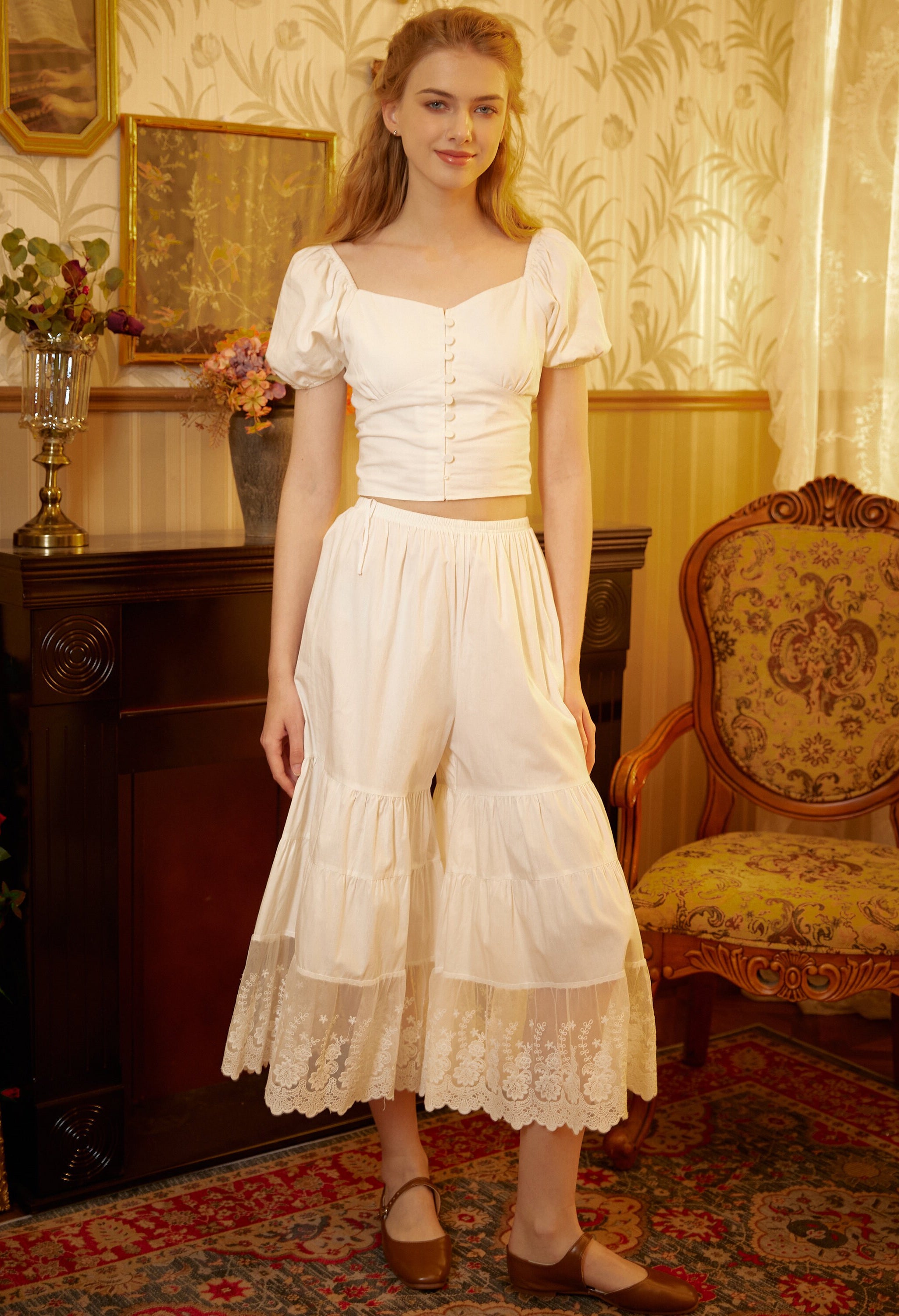 Women’s Bloomers Cotton Long Bloomers Plus Size Pantaloons Pettipants Victorian Underwear Lace Bloomer Pants Ivory Black Cream