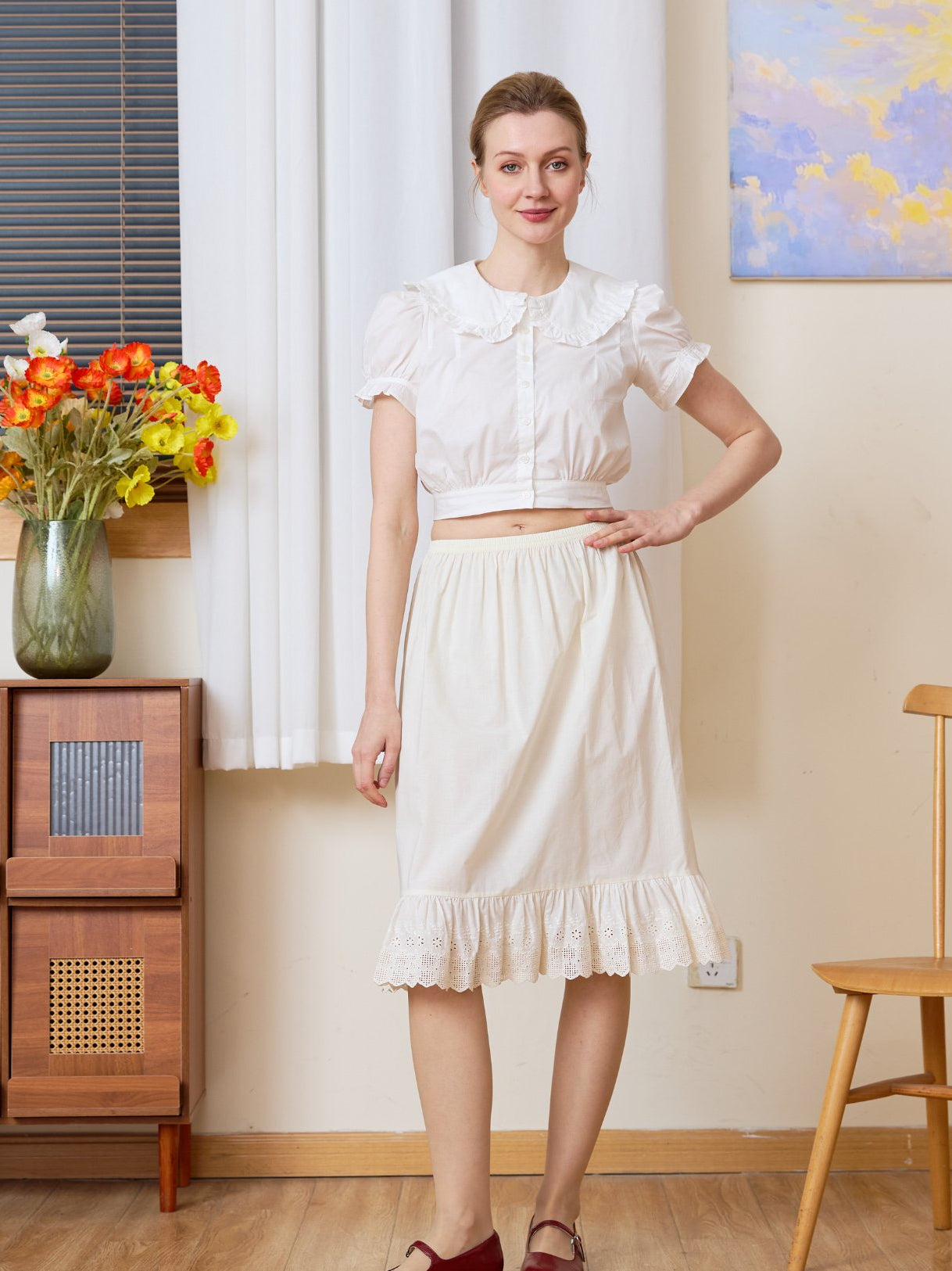 Full body view of the Adelaide cream cotton petticoat, a classic pure cotton underskirt with elegant English lace trim.