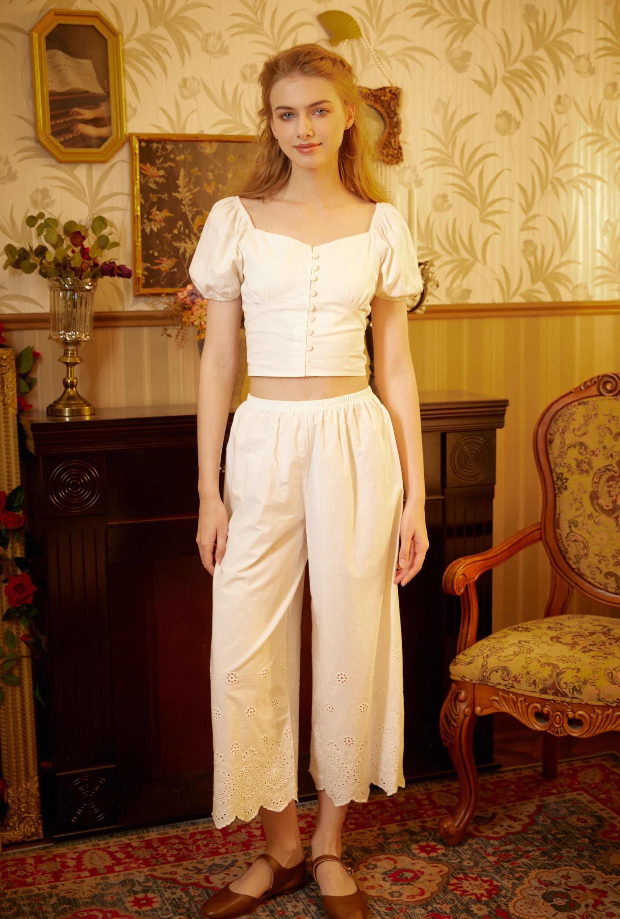 Full body shot of a woman in Sueasyretro Victorian cotton bloomers. These bloomer pants offer a classic, breathable fit.