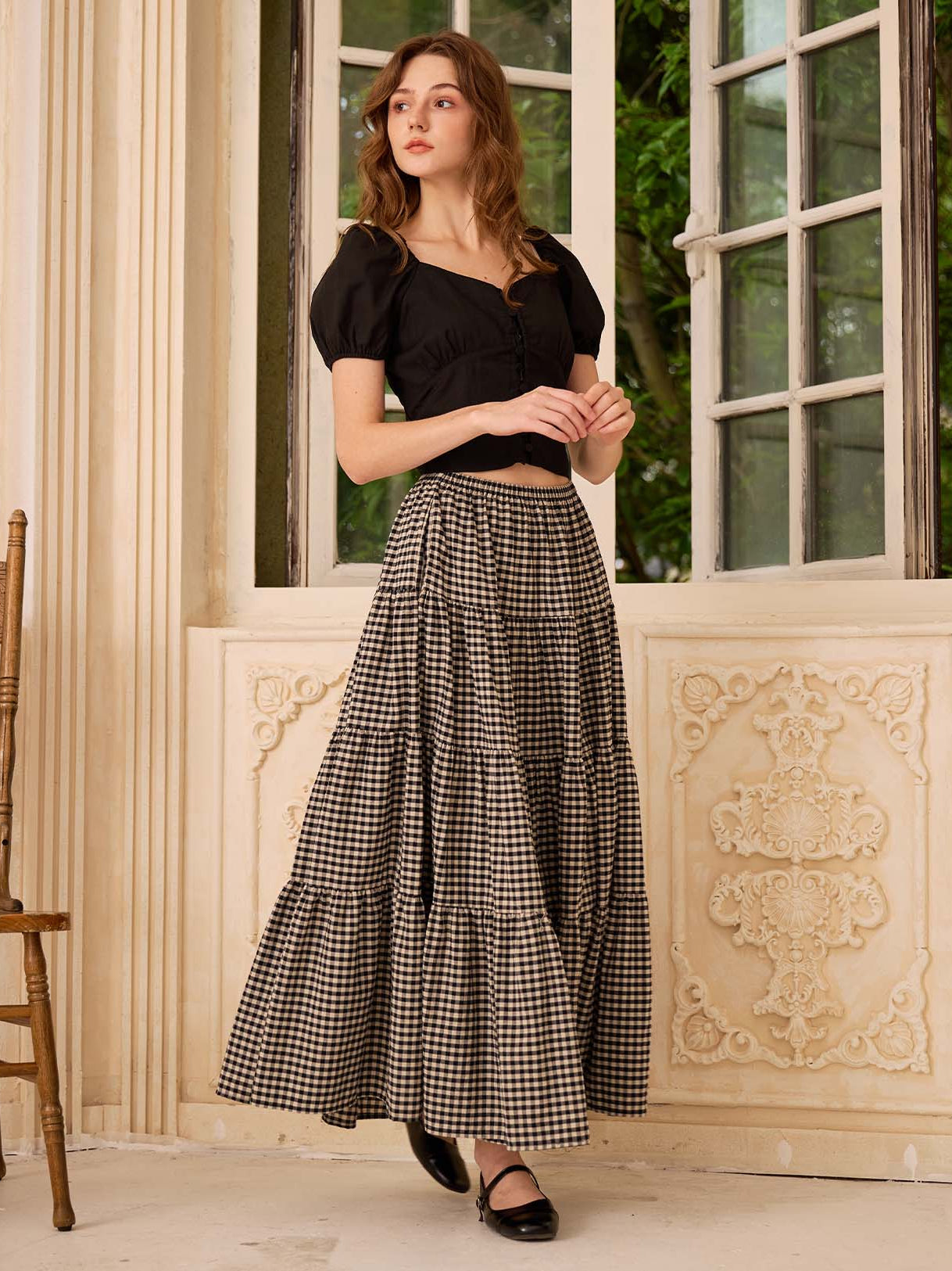 Sueasyretro black plaid cotton long skirt with practical side pockets capturing a bohemian spirit.