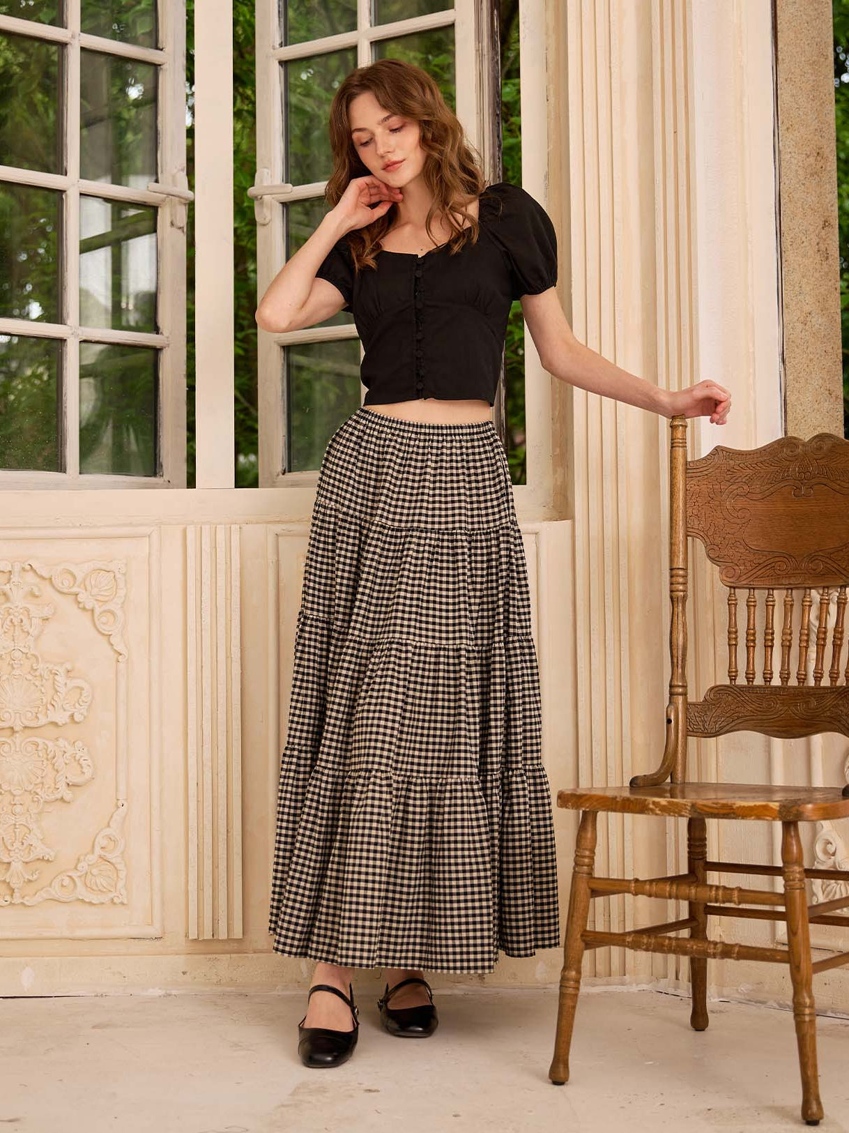 Sueasyretro tiered gingham A-line long skirt with an unlined silhouette perfect for outdoor concerts.