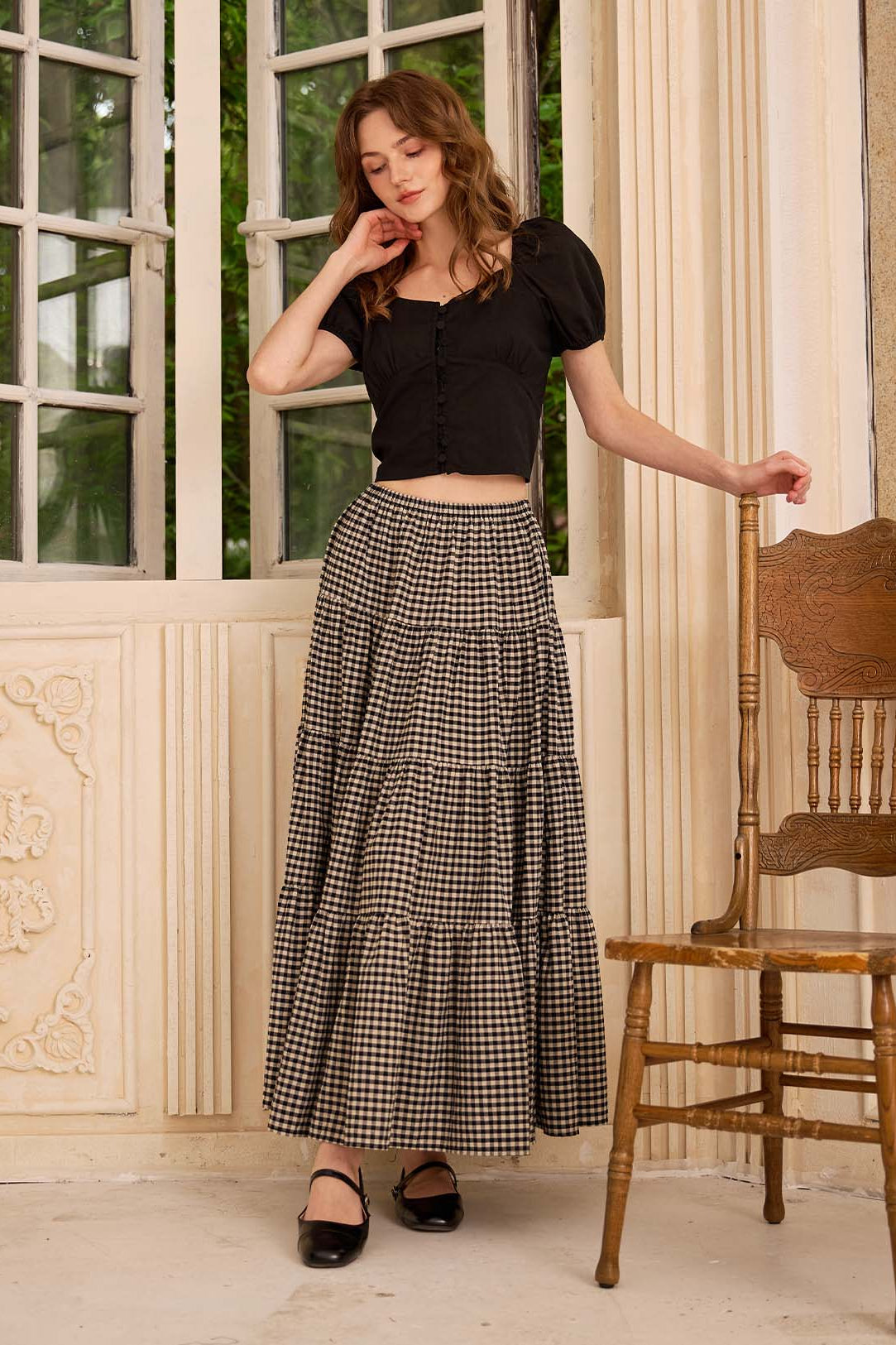 Sueasyretro tiered gingham A-line long skirt with an unlined silhouette perfect for outdoor concerts.