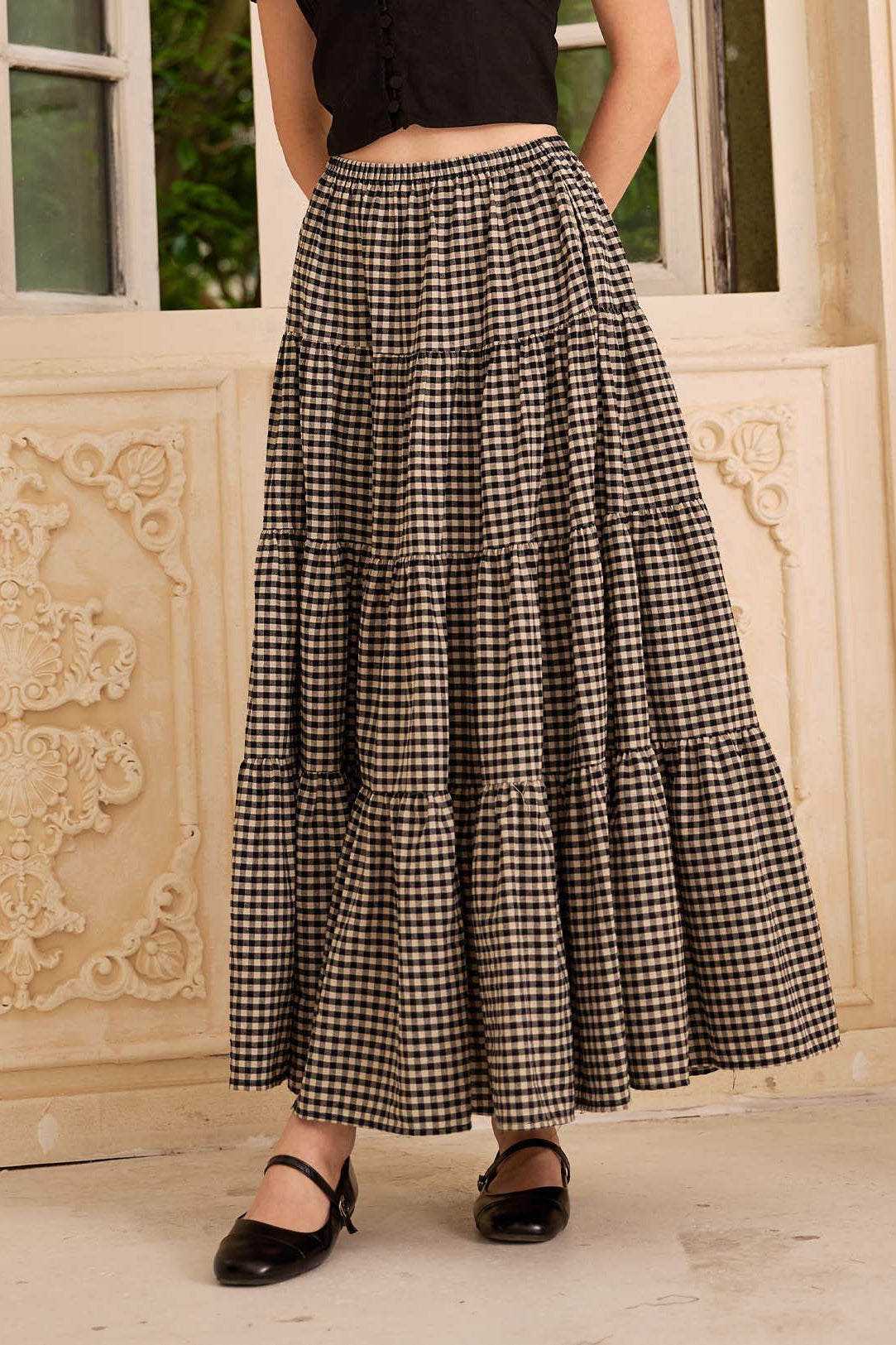 Sueasyretro pure cotton gingham A-line long skirt featuring clean layered tiers for effortless travel.