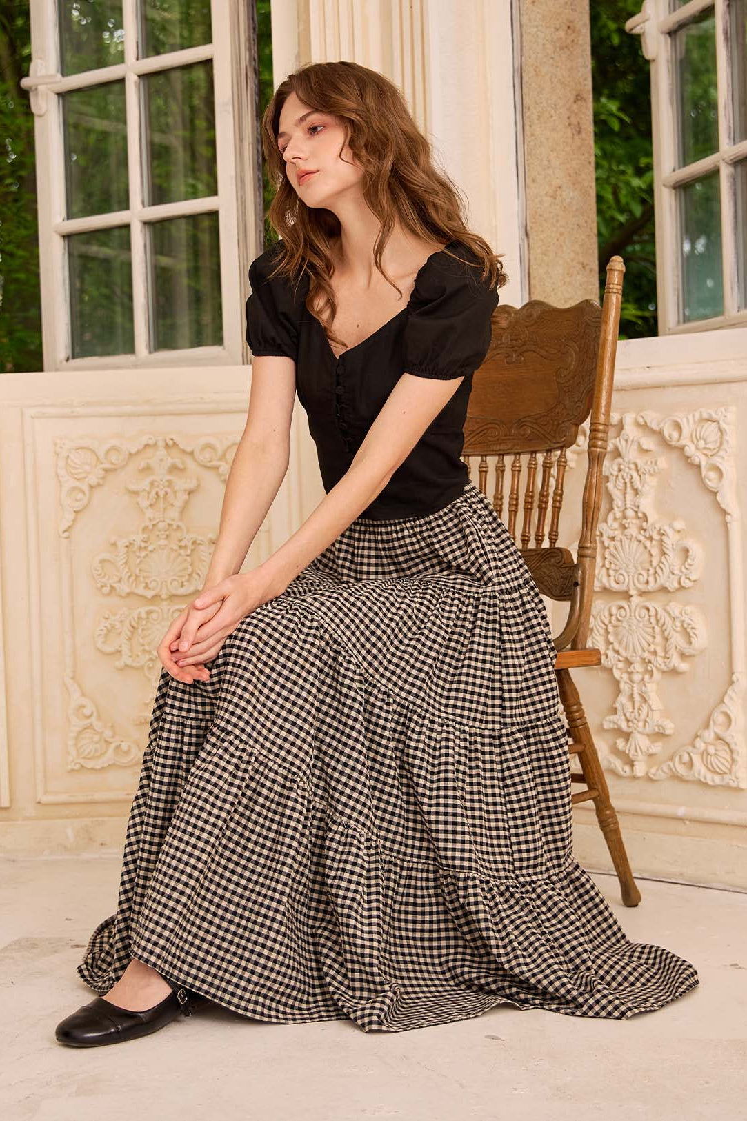 Sueasyretro pure cotton plaid long skirt with a classic tiered design for relaxed Mid-Century Nostalgia.