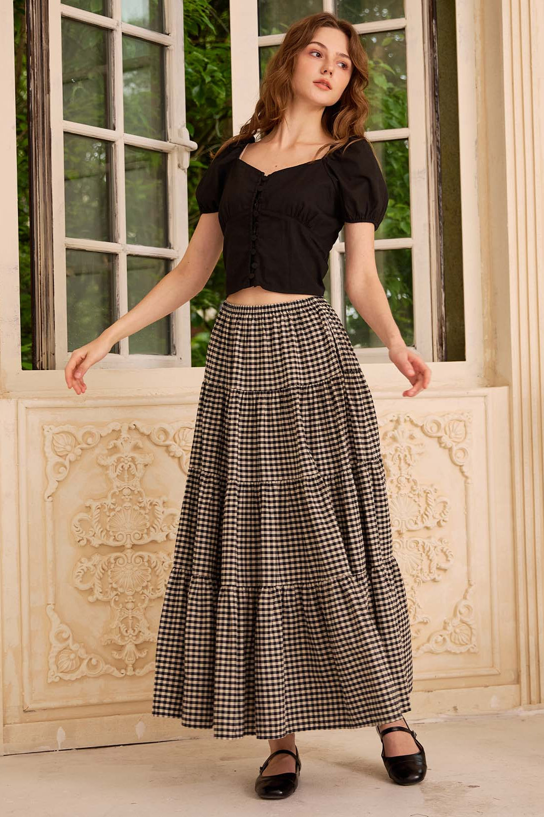 Sueasyretro boho style gingham tiered skirt with an unrestricted easy fit for relaxed weekend wear.