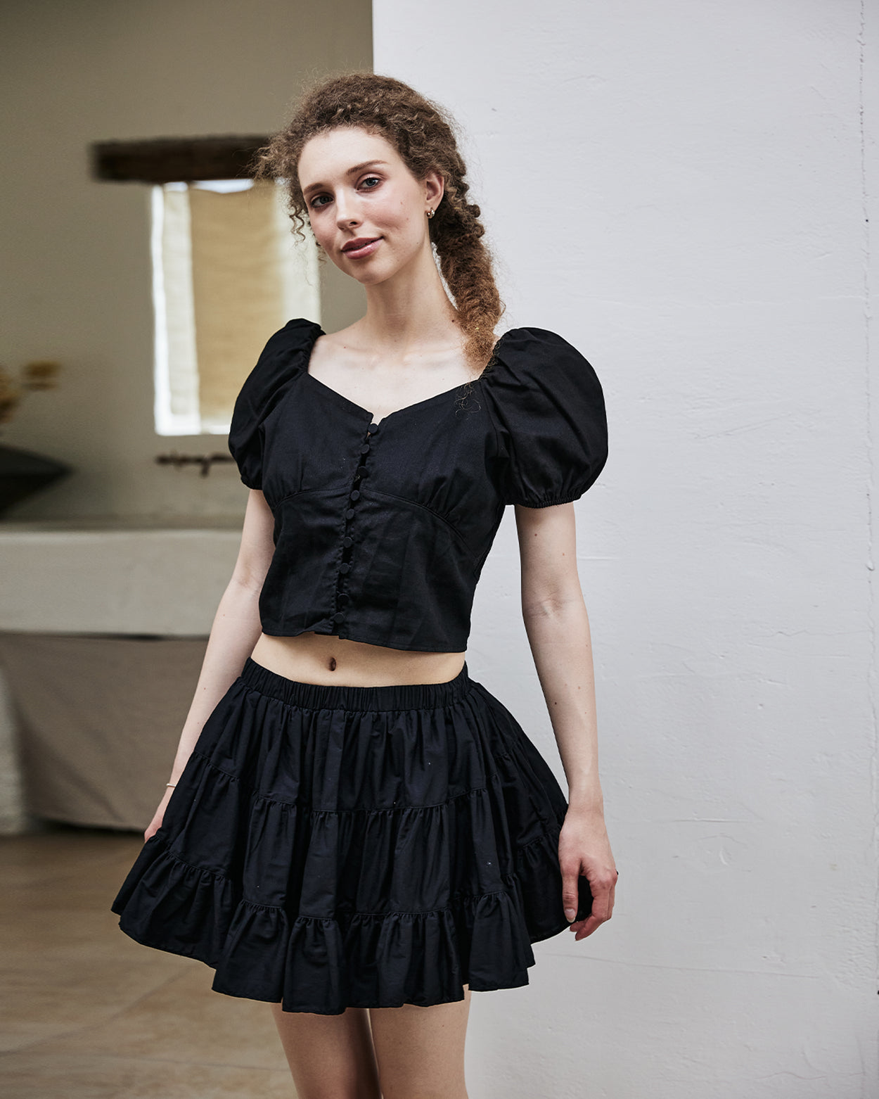 women's vintage cotton tiered skort worn with casual top