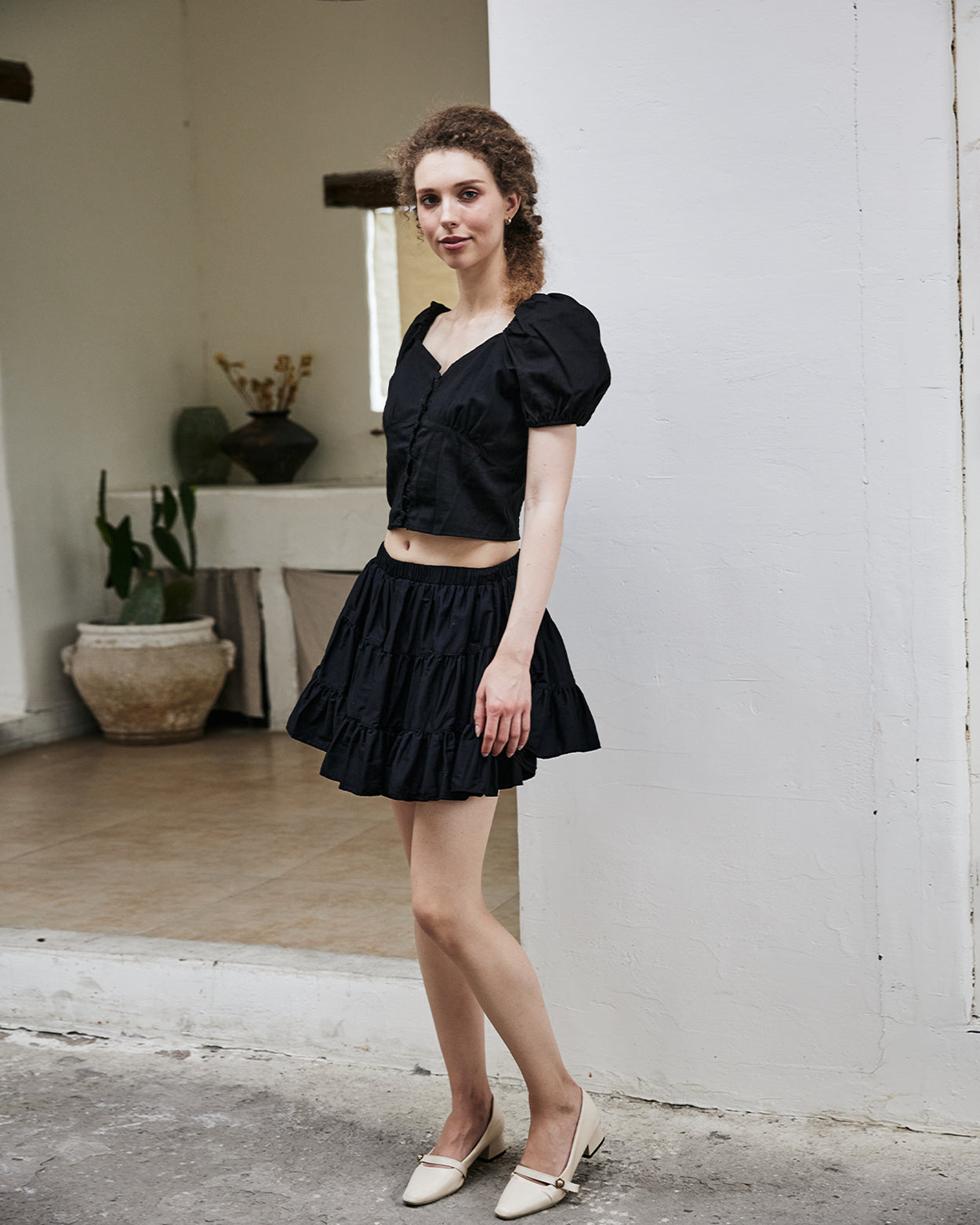 women's vintage cotton tiered skort worn with casual top