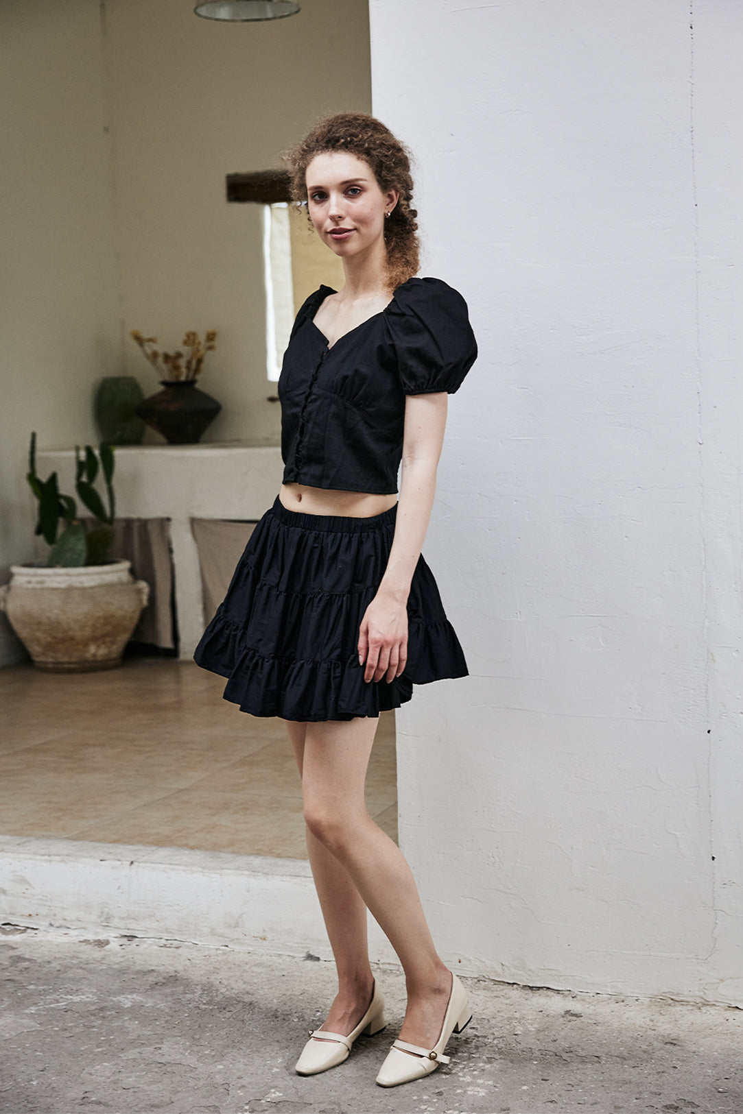 women's vintage cotton tiered skort worn with casual top