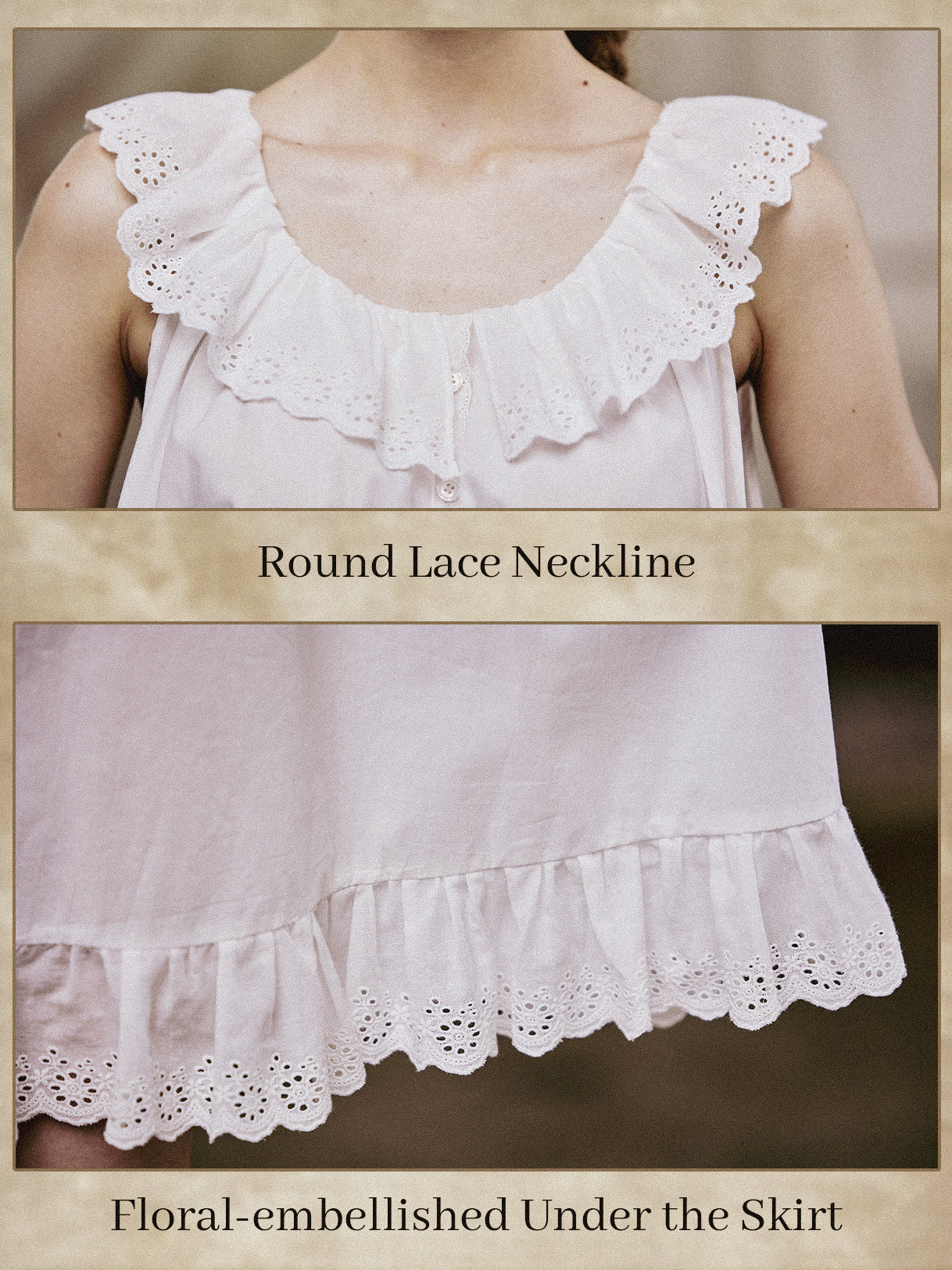 Close-up details of the round lace neckline and floral-embellished ruffled hem of the cotton sleep dress.
