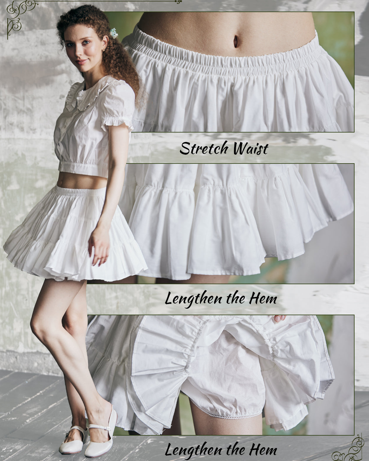 Close-up detail of vintage cotton tiered skort fabric texture and ruffle construction