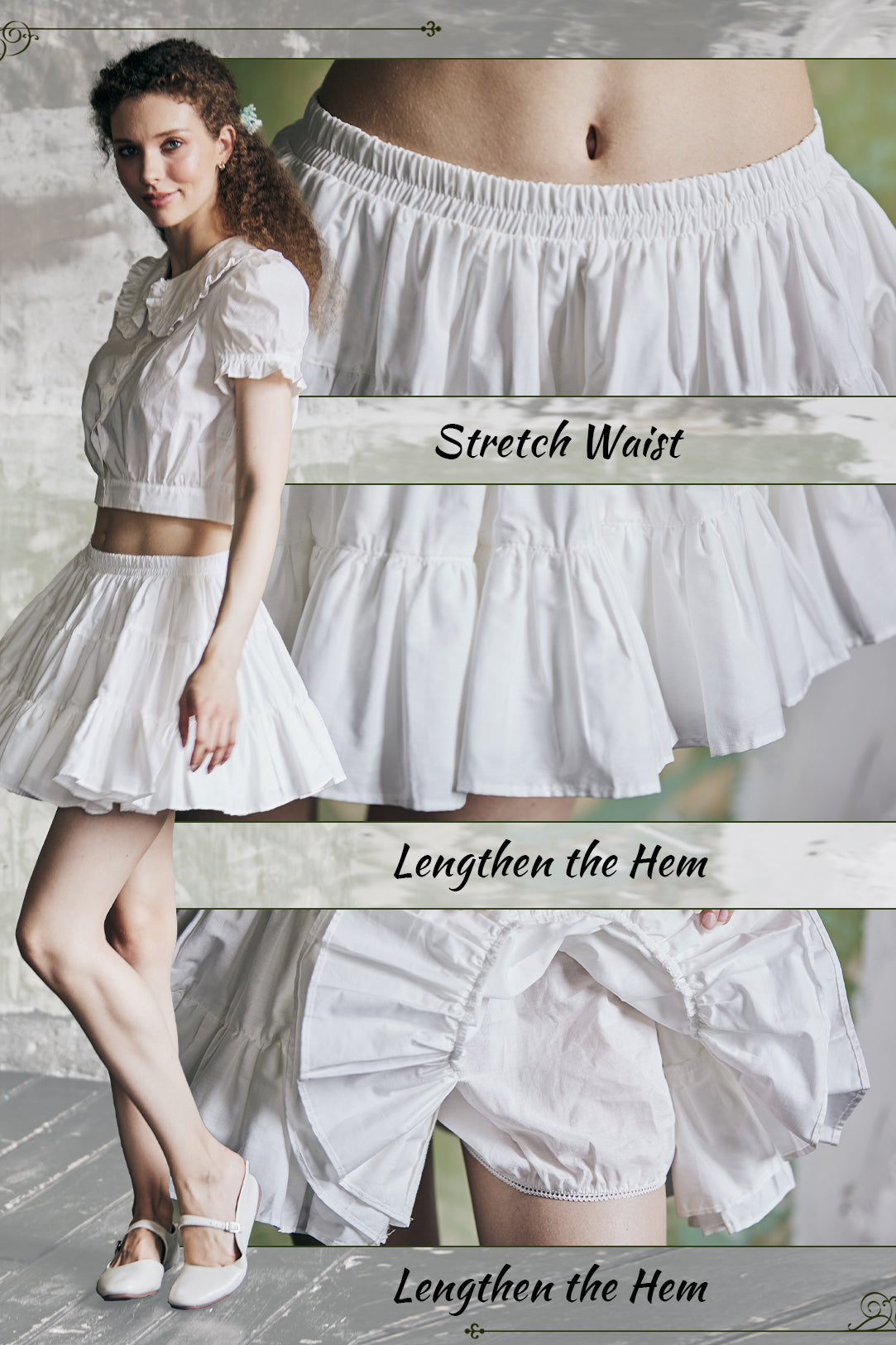 Close-up detail of vintage cotton tiered skort fabric texture and ruffle construction