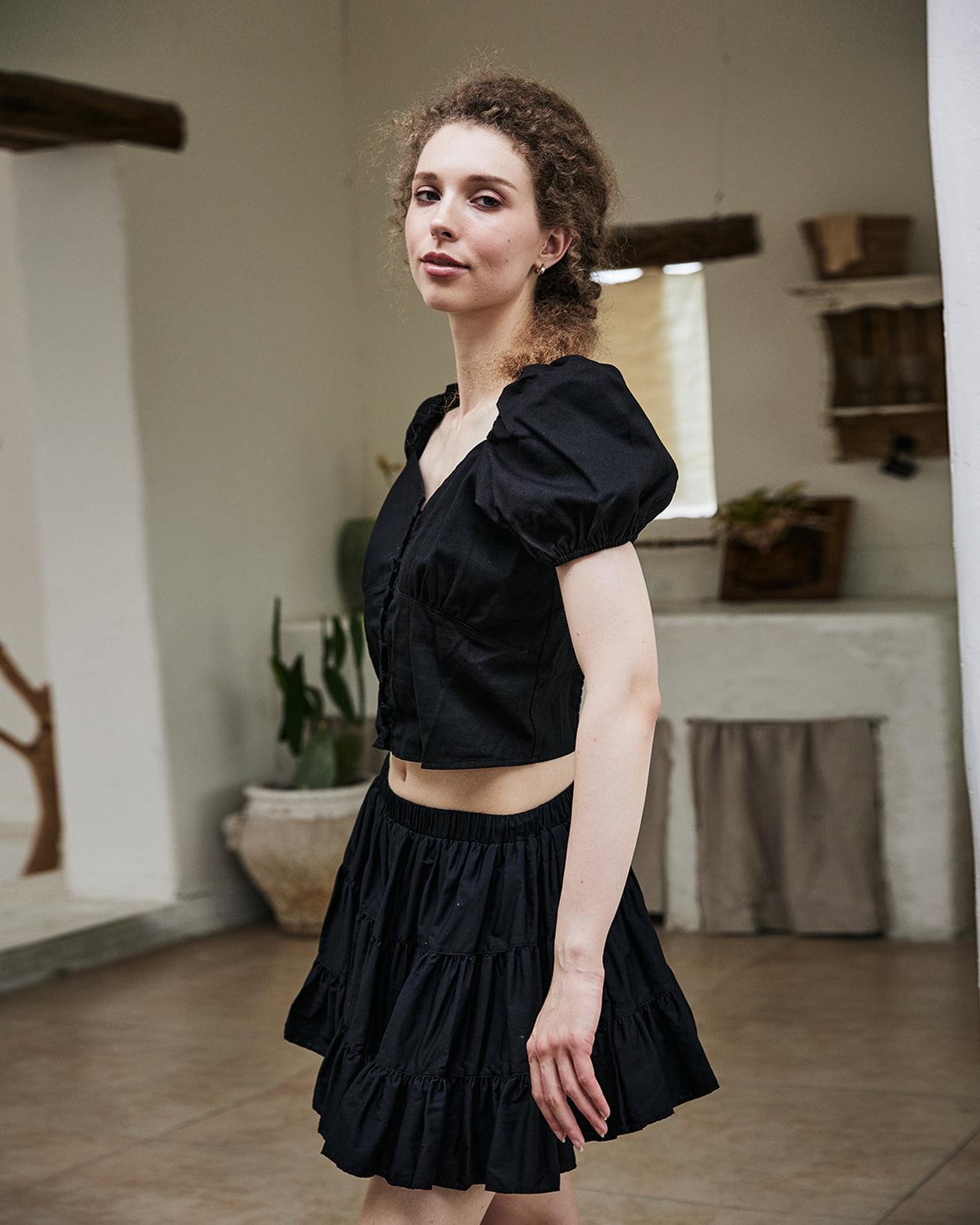 women's vintage cotton tiered skort worn with casual top