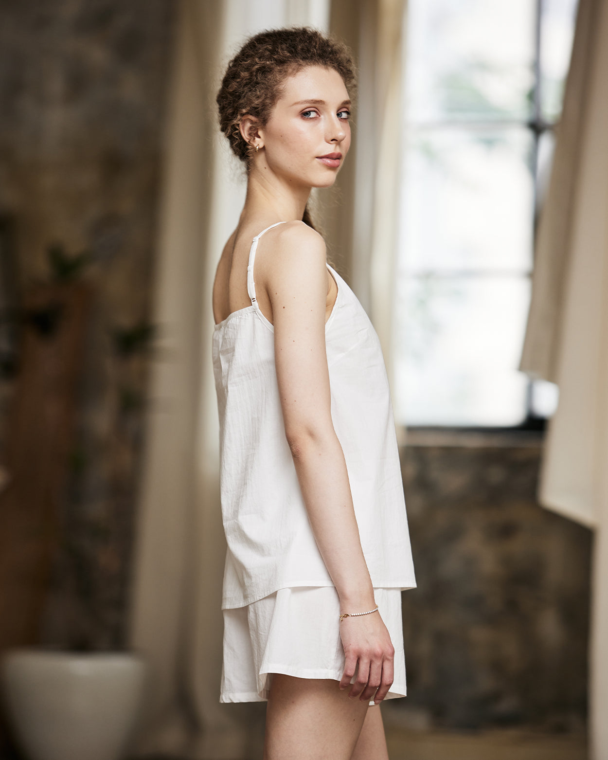 ivory striped cotton pajama shorts with loose fit design - side view