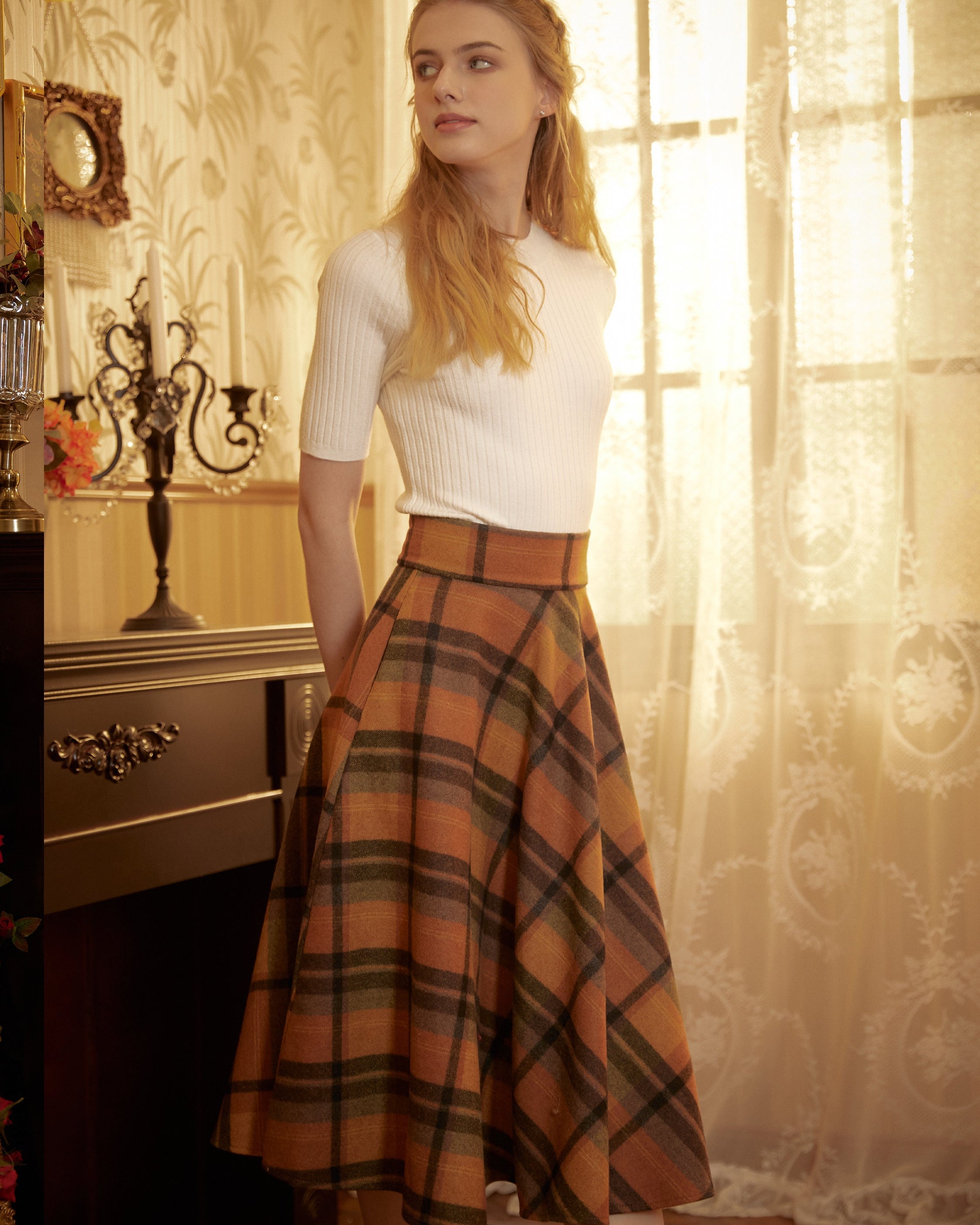 Orange plaid wool skirt with pockets