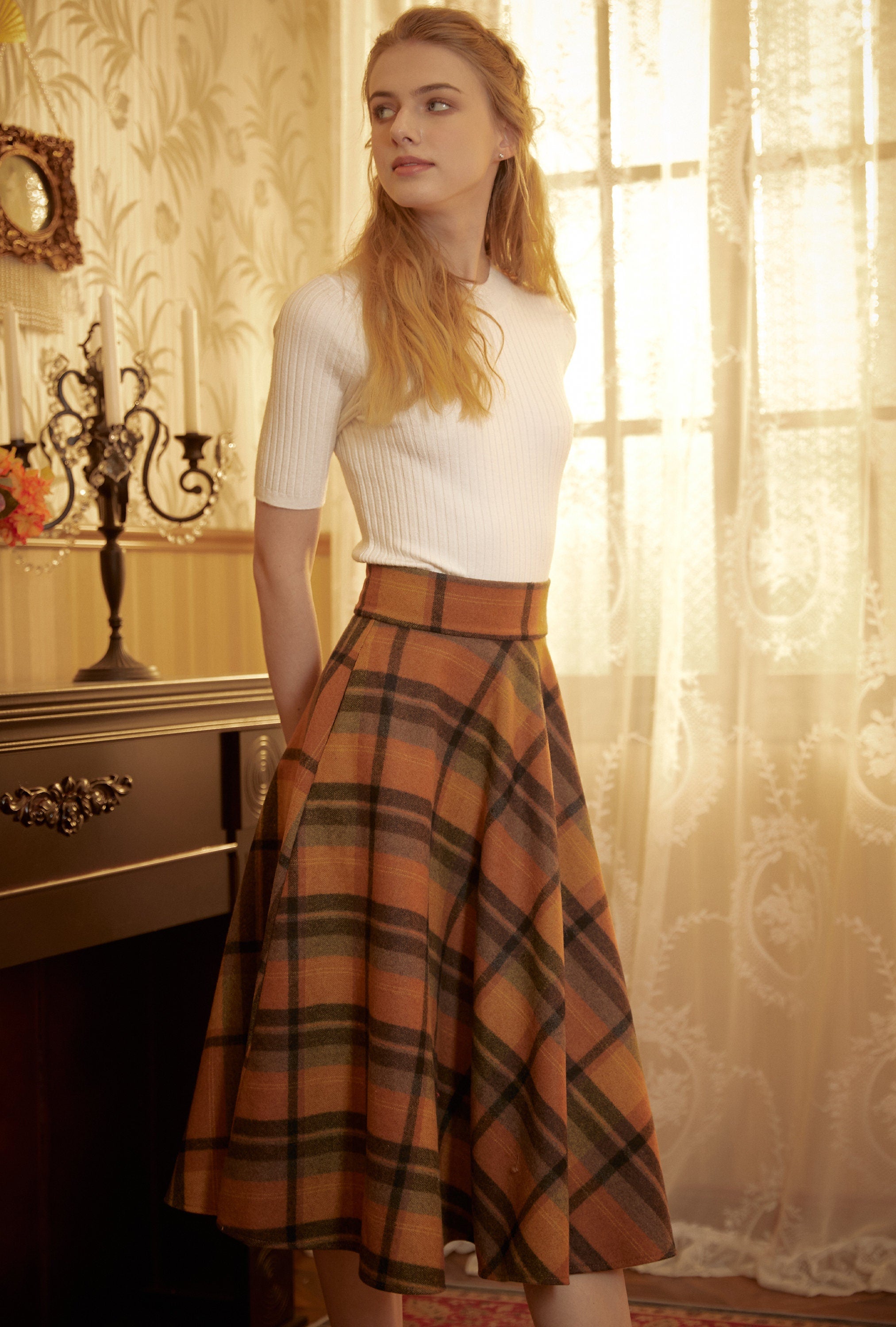 Orange plaid wool skirt with pockets