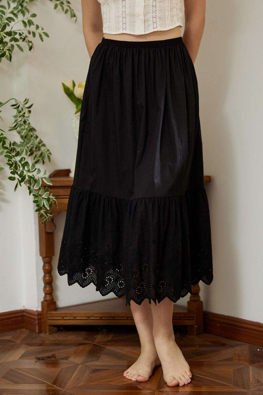 Petticoat Skirt 100% Cotton Half Slip Unterrock Crinoline Jupon Skirt Extender Underskirt with Lace Embroidery Ivory/Cream/Black