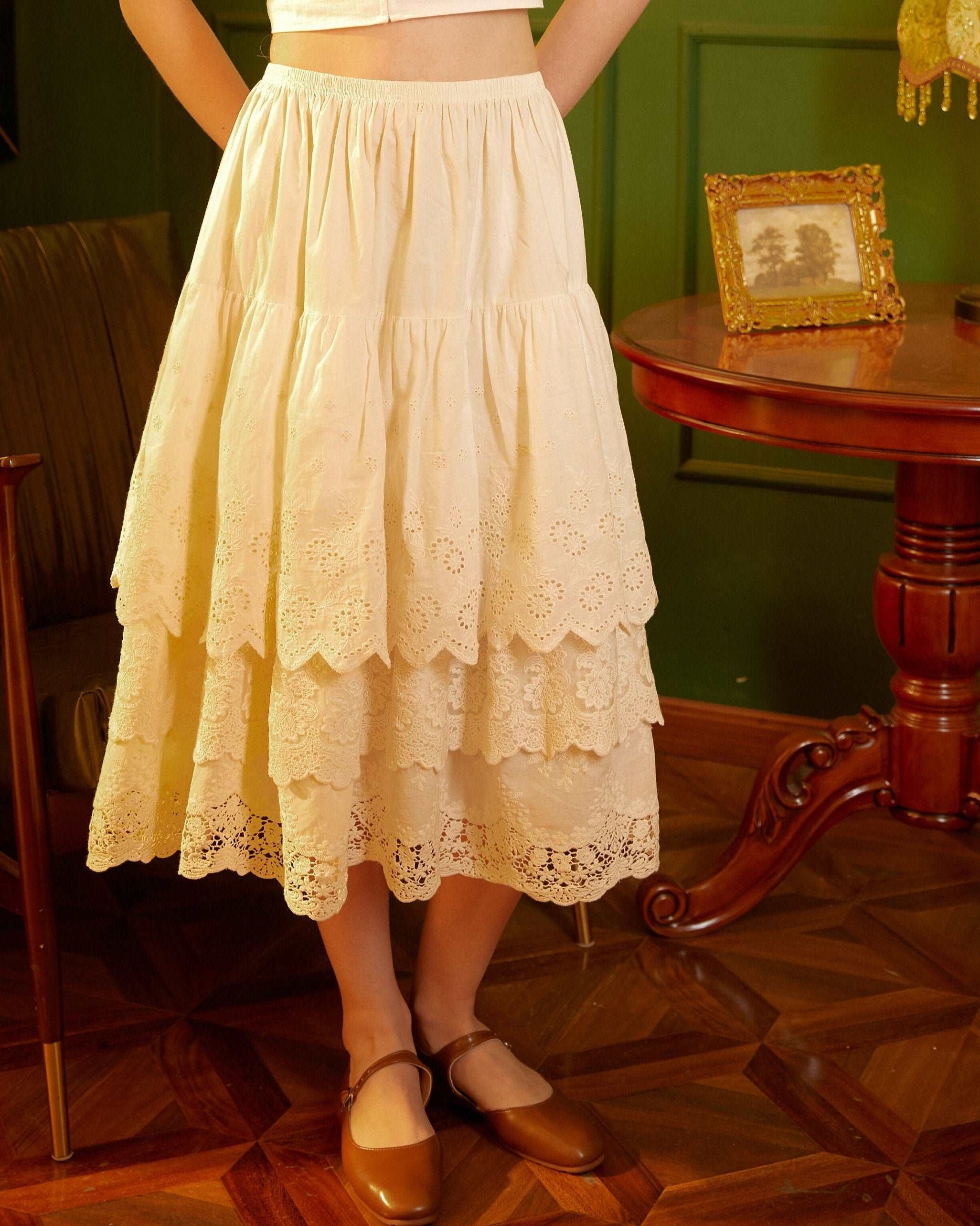 Half Slip Cotton Skirt Extender Tiered Lace Hem Underskirt Elastic waistband Romantic floral lace Petticoat Calf Length Skirt Ivory/Cream