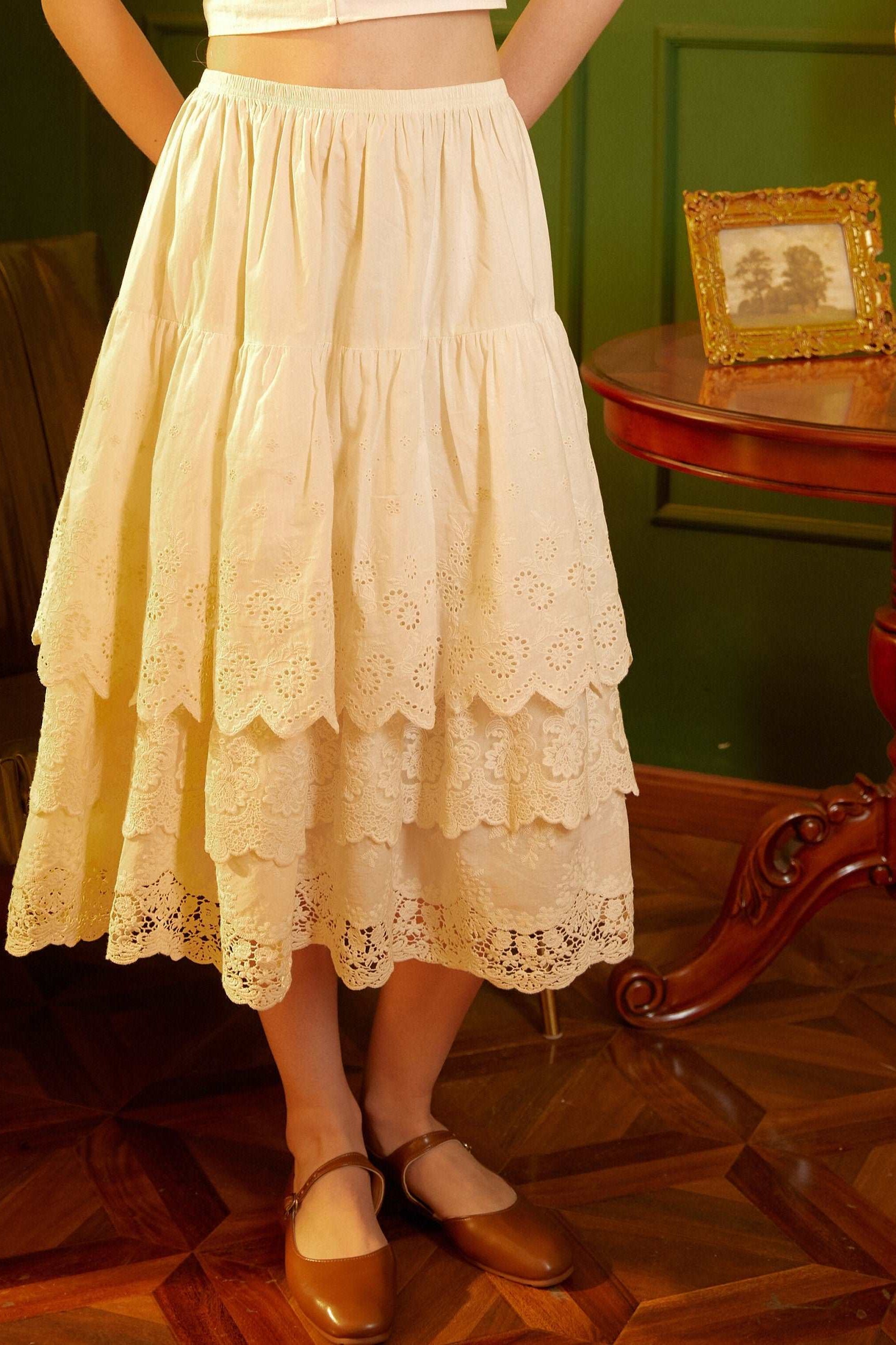 Half Slip Cotton Skirt Extender Tiered Lace Hem Underskirt Elastic waistband Romantic floral lace Petticoat Calf Length Skirt Ivory/Cream