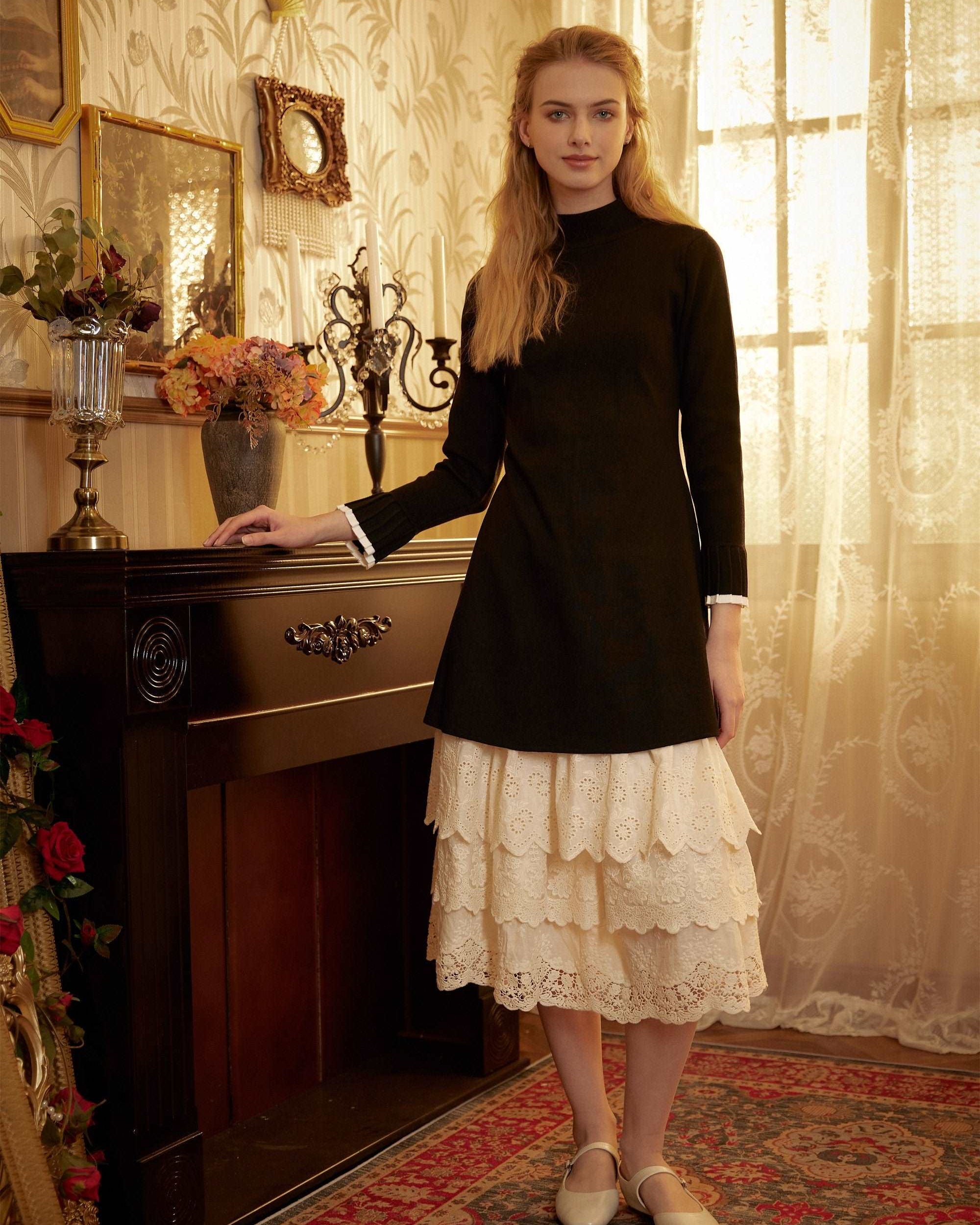 Half Slip Cotton Skirt Extender Tiered Lace Hem Underskirt Elastic waistband Romantic floral lace Petticoat Calf Length Skirt Ivory/Cream