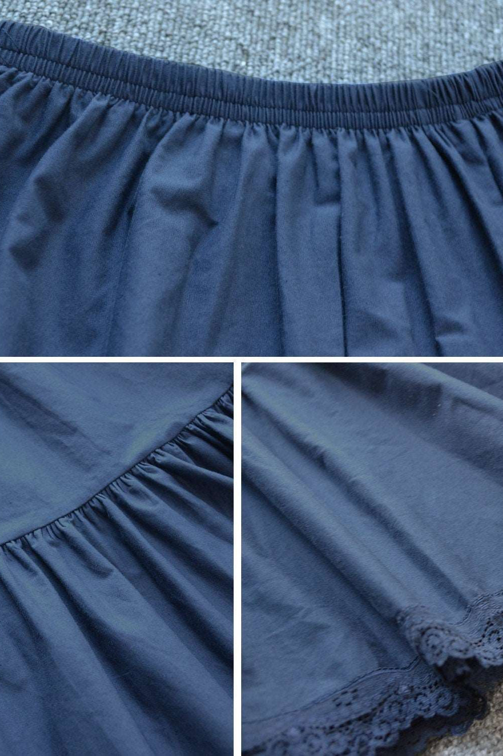 Petticoat Half Slip Cotton Woman Skirt Extender Crinoline Edged Lace A-line underskirt with Elastic waistband in three lengths Navy Blue