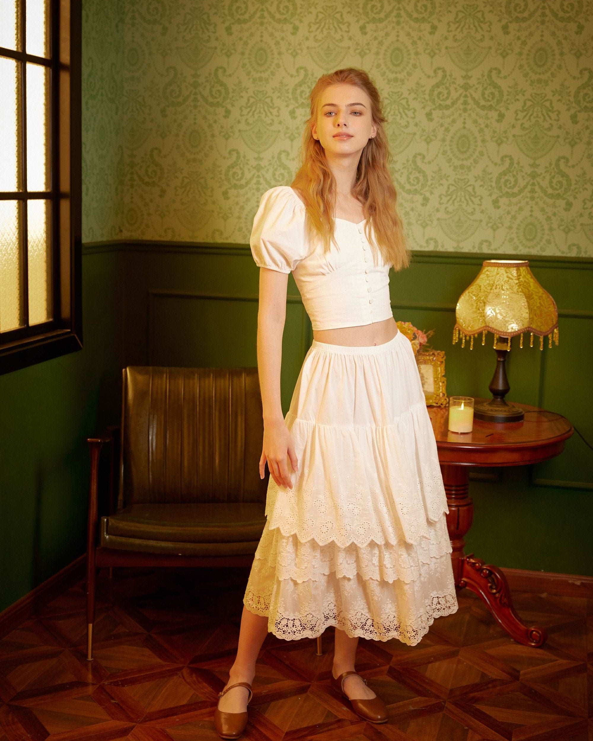 Half Slip Cotton Skirt Extender Tiered Lace Hem Underskirt Elastic waistband Romantic floral lace Petticoat Calf Length Skirt Ivory/Cream