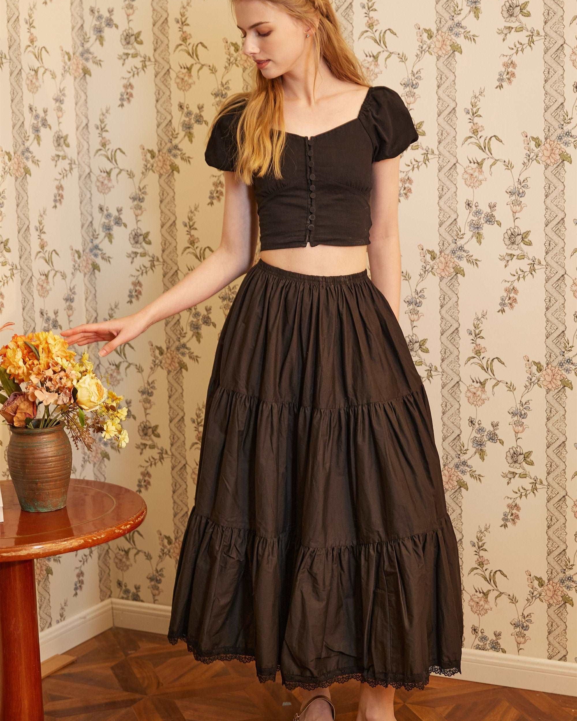 Petticoat Half Slip Cotton Woman Skirt Extender Crinoline Edged Lace A-line underskirt with Elastic waistband in three lengths Black