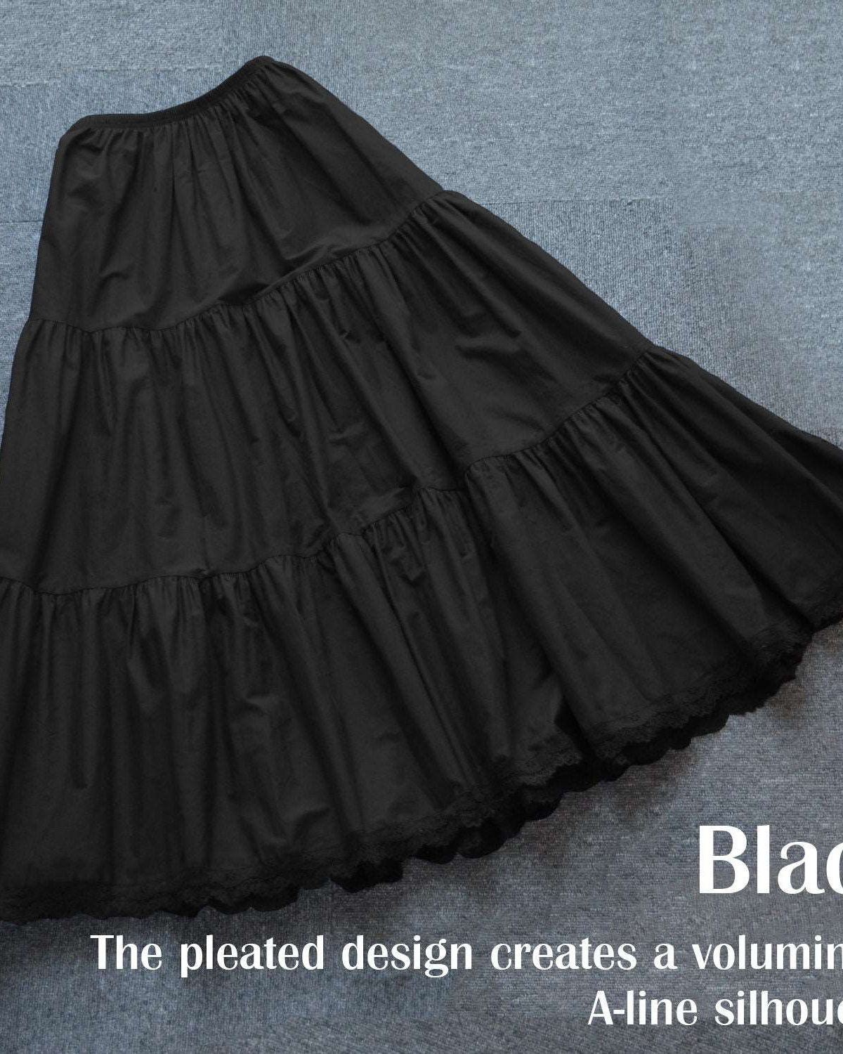 Petticoat Half Slip Cotton Woman Skirt Extender Crinoline Edged Lace A-line underskirt with Elastic waistband in three lengths Black