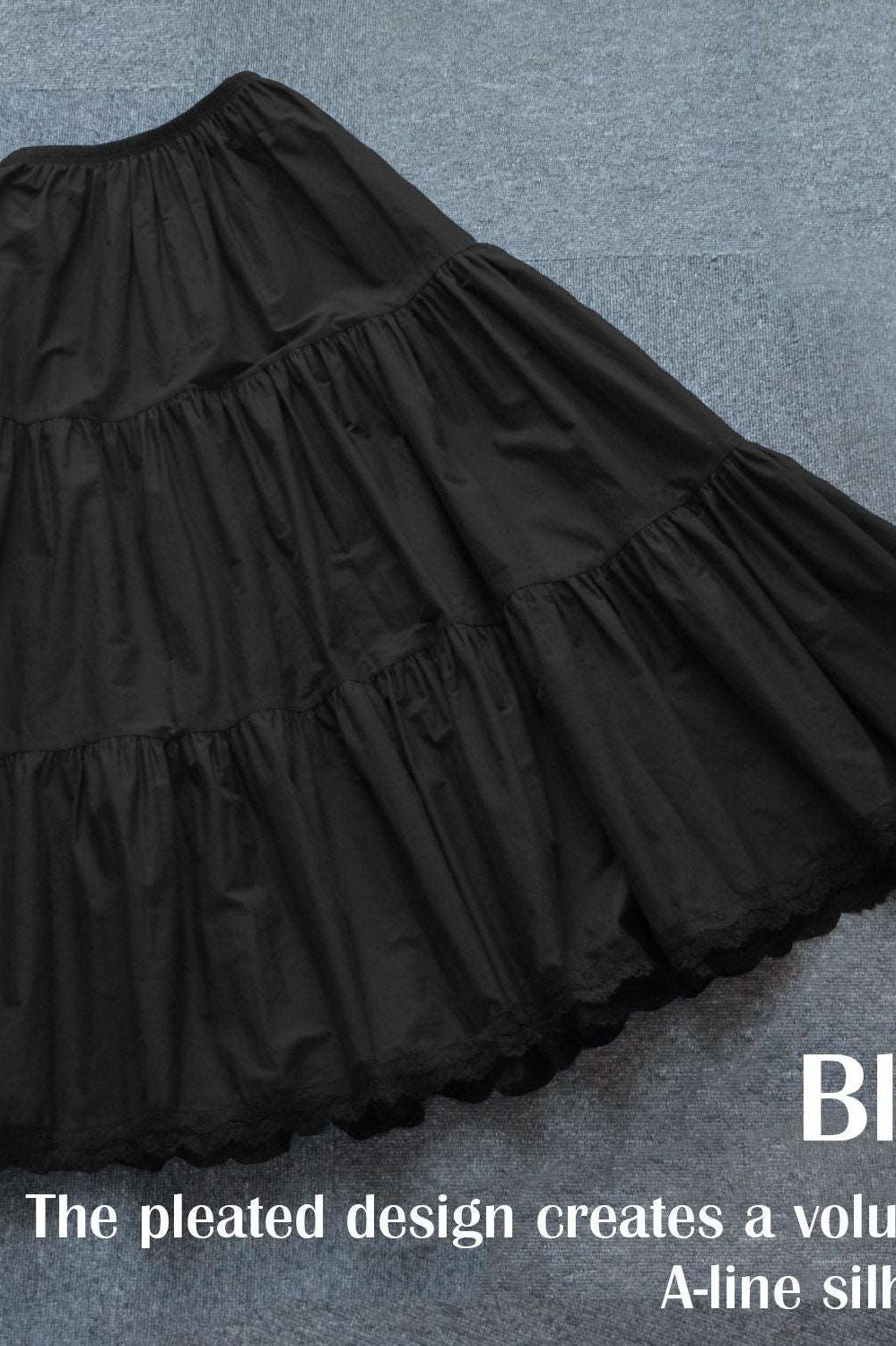 Petticoat Half Slip Cotton Woman Skirt Extender Crinoline Edged Lace A-line underskirt with Elastic waistband in three lengths Black
