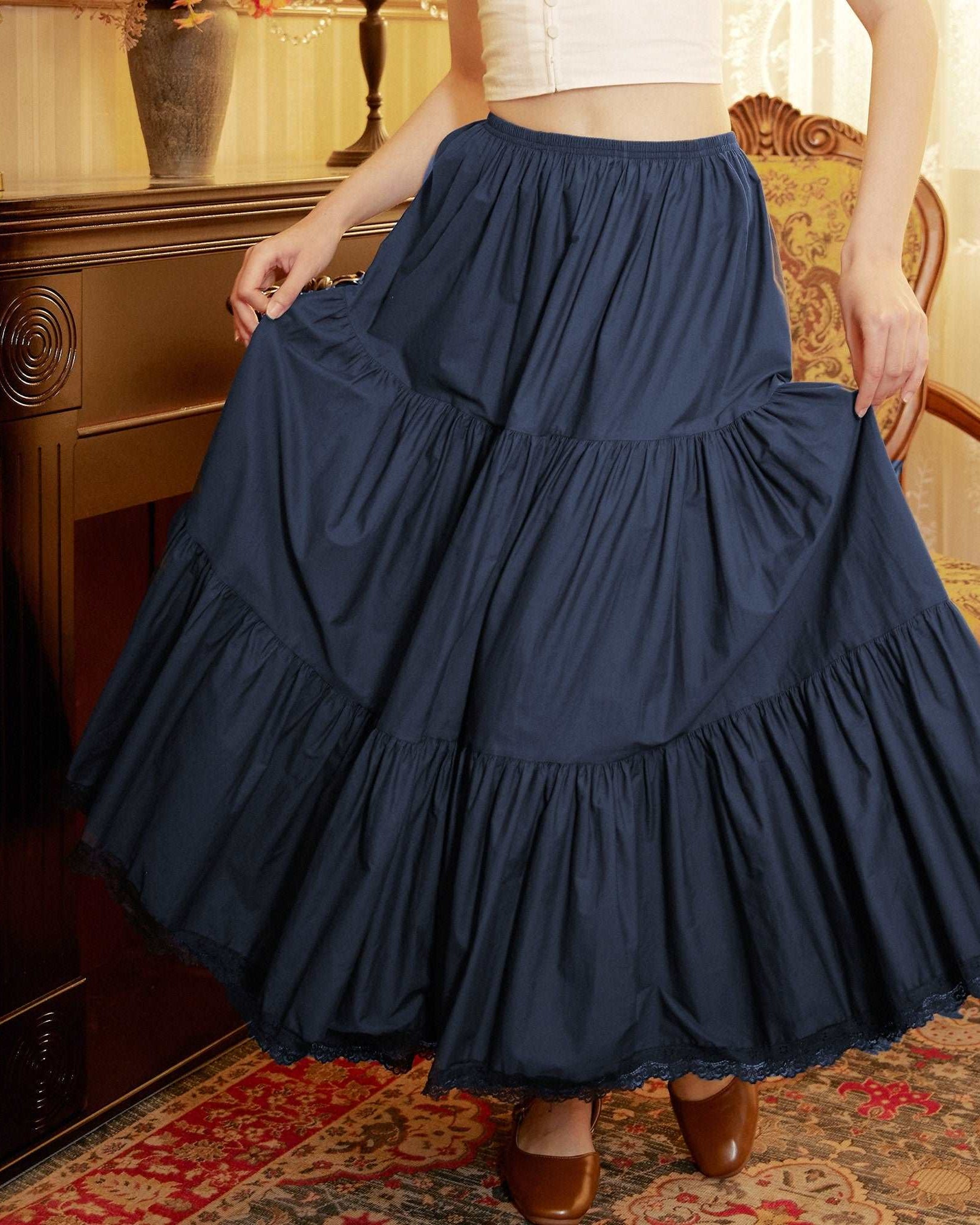 Petticoat Half Slip Cotton Woman Skirt Extender Crinoline Edged Lace A-line underskirt with Elastic waistband in three lengths Navy Blue