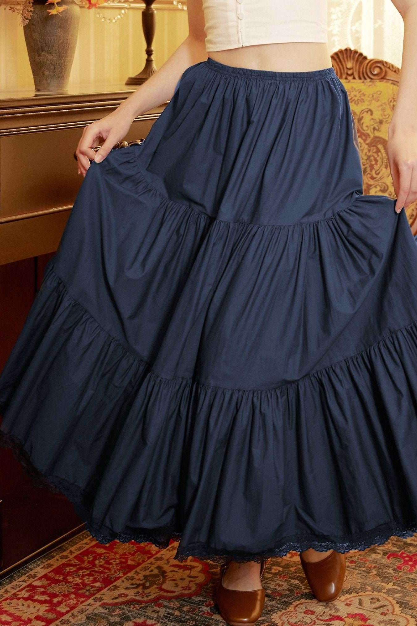 Petticoat Half Slip Cotton Woman Skirt Extender Crinoline Edged Lace A-line underskirt with Elastic waistband in three lengths Navy Blue