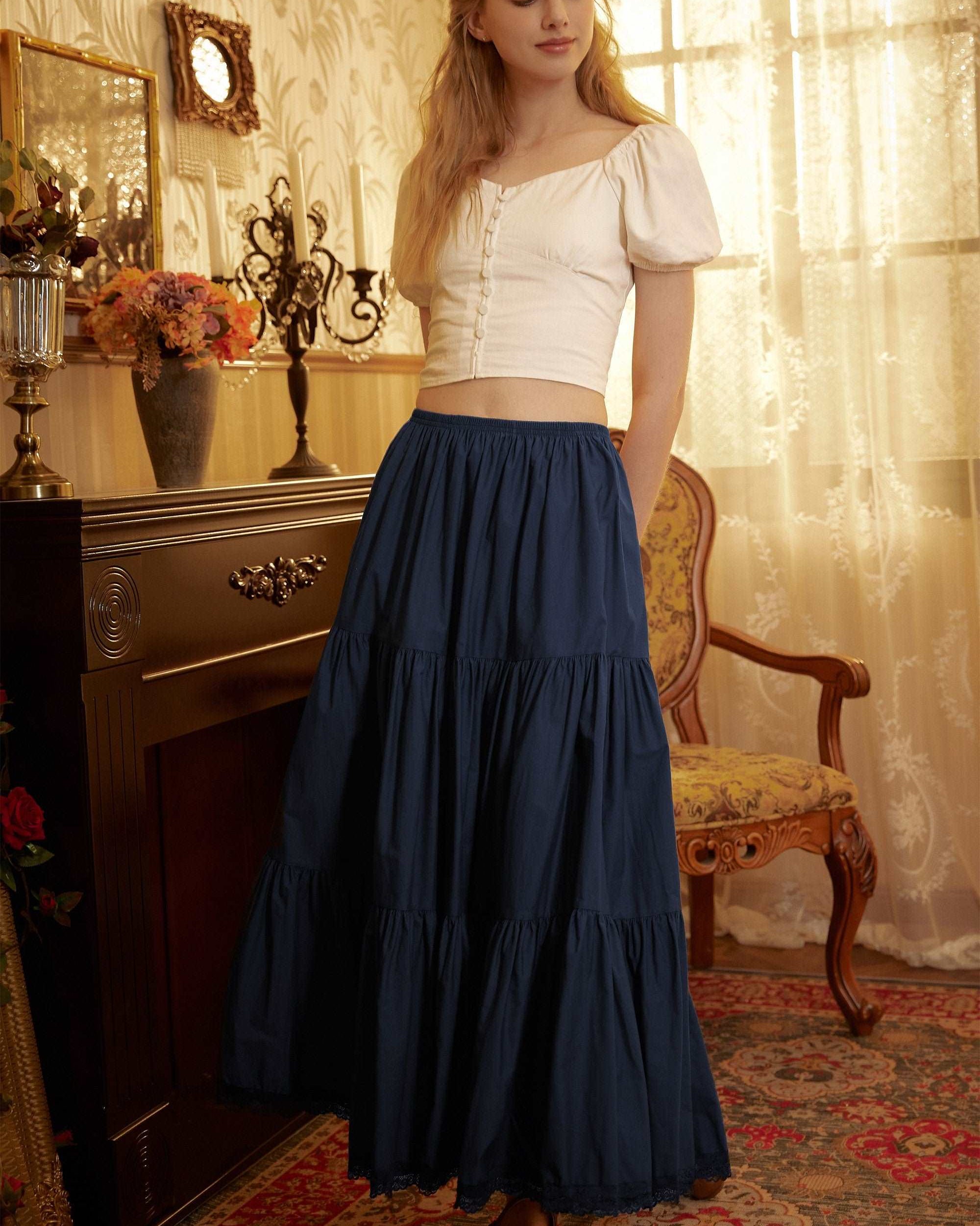 Petticoat Half Slip Cotton Woman Skirt Extender Crinoline Edged Lace A-line underskirt with Elastic waistband in three lengths Navy Blue