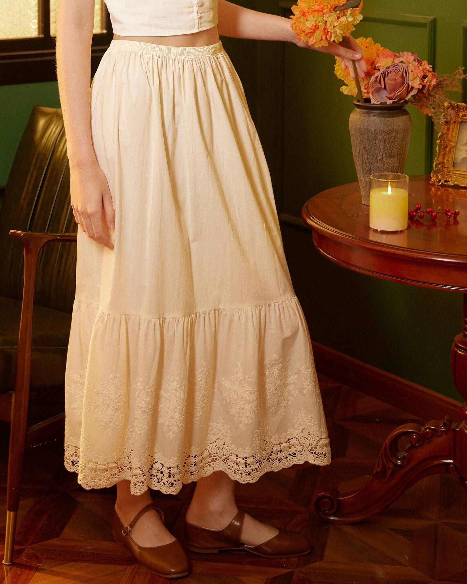 Petticoat Cotton Half Slip Women Skirt Extender with Embroidery Lace Hem Underskirt Elastic Waistband Ivory and Cream