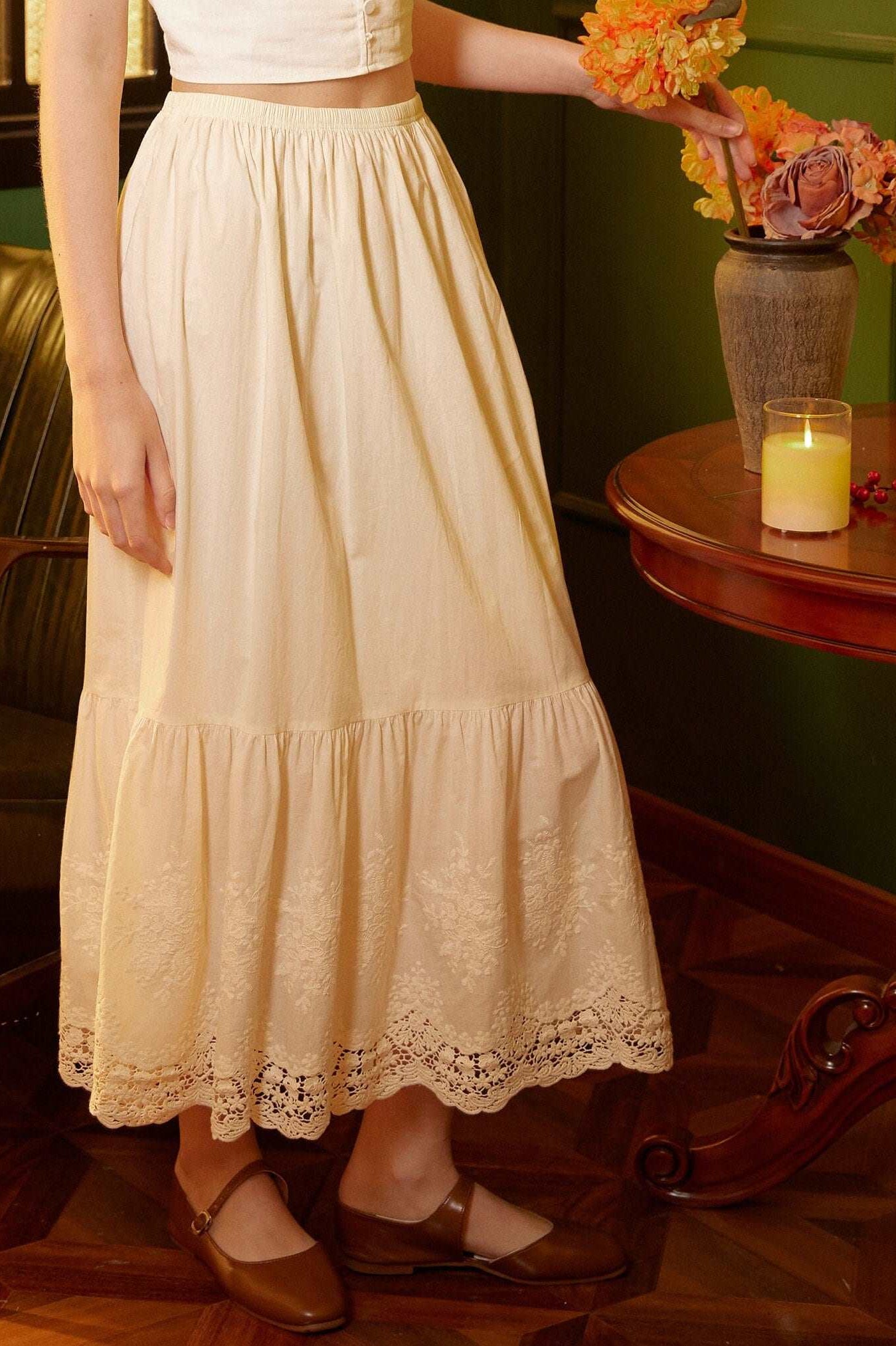 Petticoat Cotton Half Slip Women Skirt Extender with Embroidery Lace Hem Underskirt Elastic Waistband Ivory and Cream
