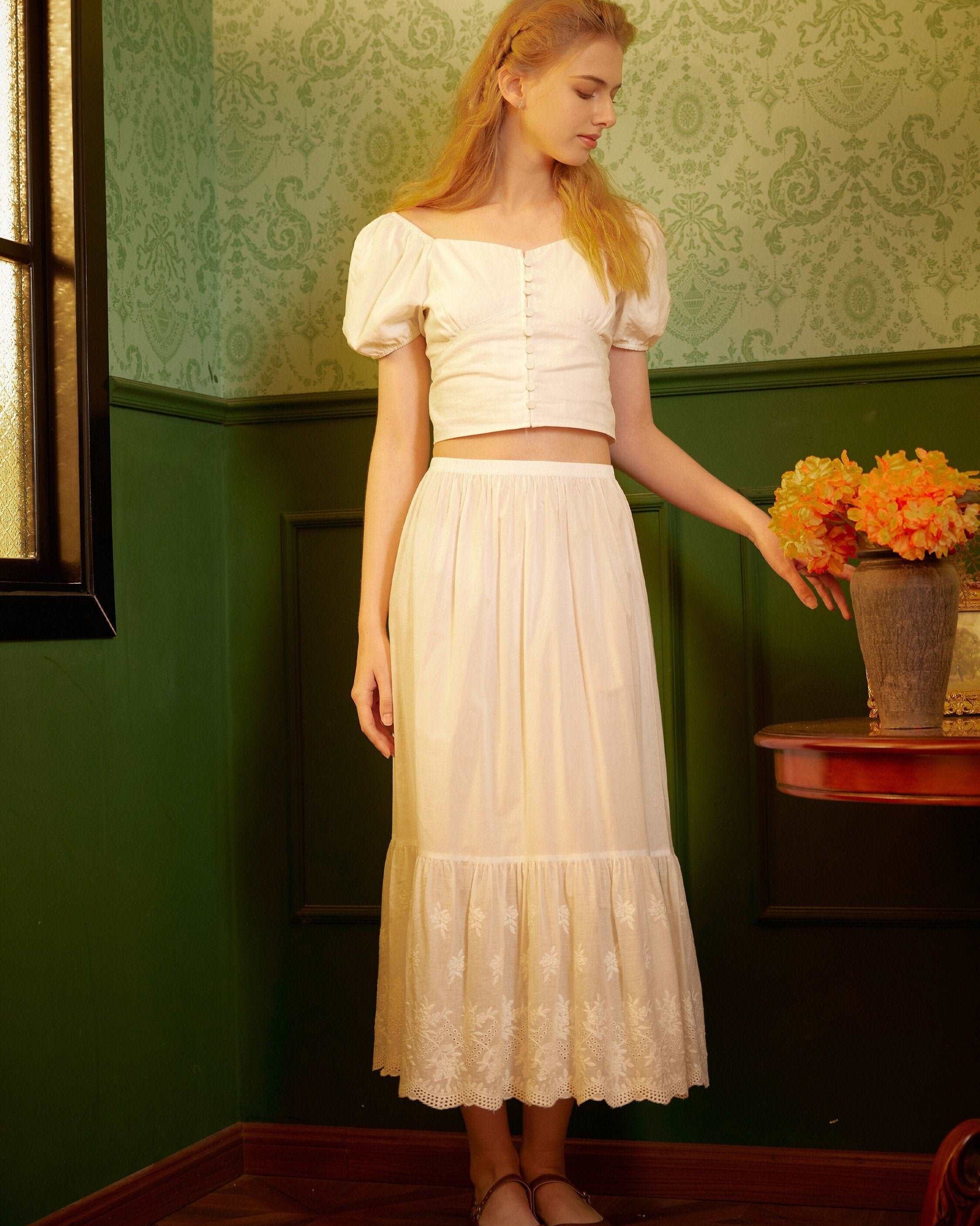 Petticoat Half Slip Cotton Women's Skirt Extender Dress Extender Vintage Style Underskirt with Flower Vine Lace Embroidery