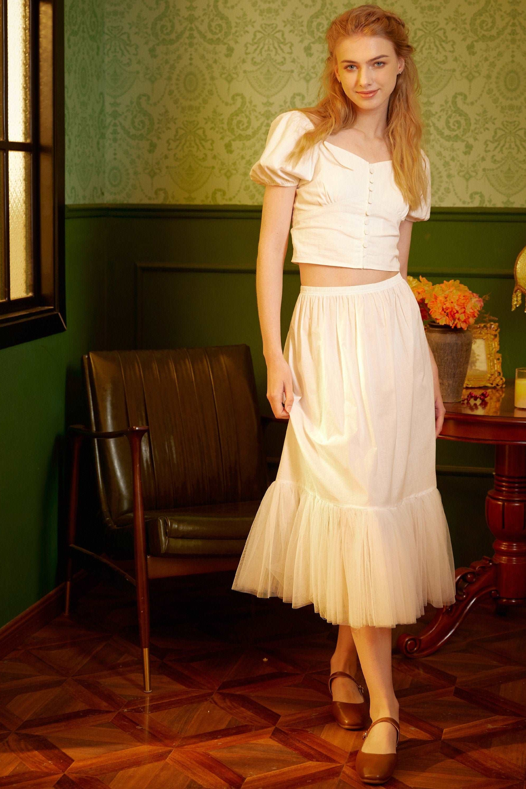 Half Slip Cotton Petticoat Skirt Extender with Pleated Mesh Hem Tulle Underskirt Under Dresses Ivory/Black