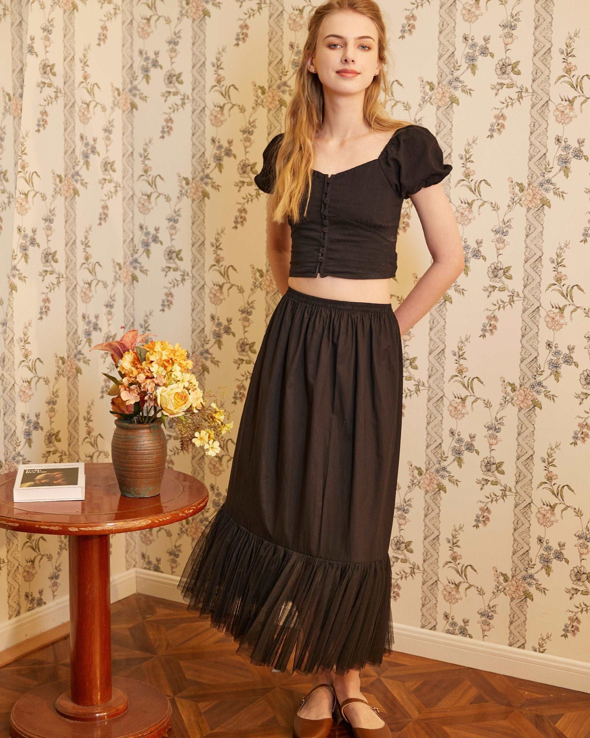 Half Slip Cotton Petticoat Skirt Extender with Pleated Mesh Hem Underskirt Under Dresses Black